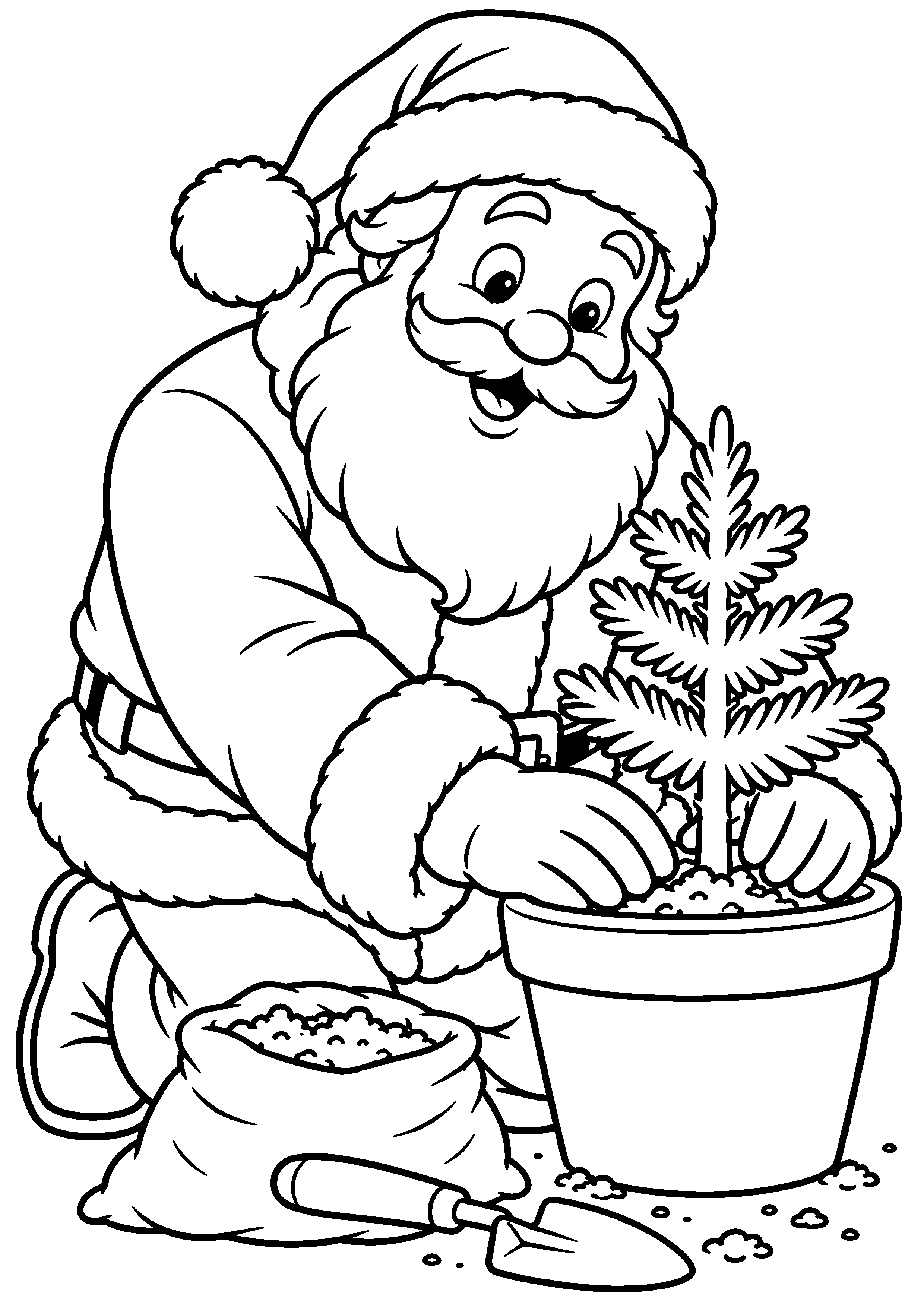 Coloriage en noir et blanc représentant Père Noël plantant un petit sapin dans un pot, en grand format A4