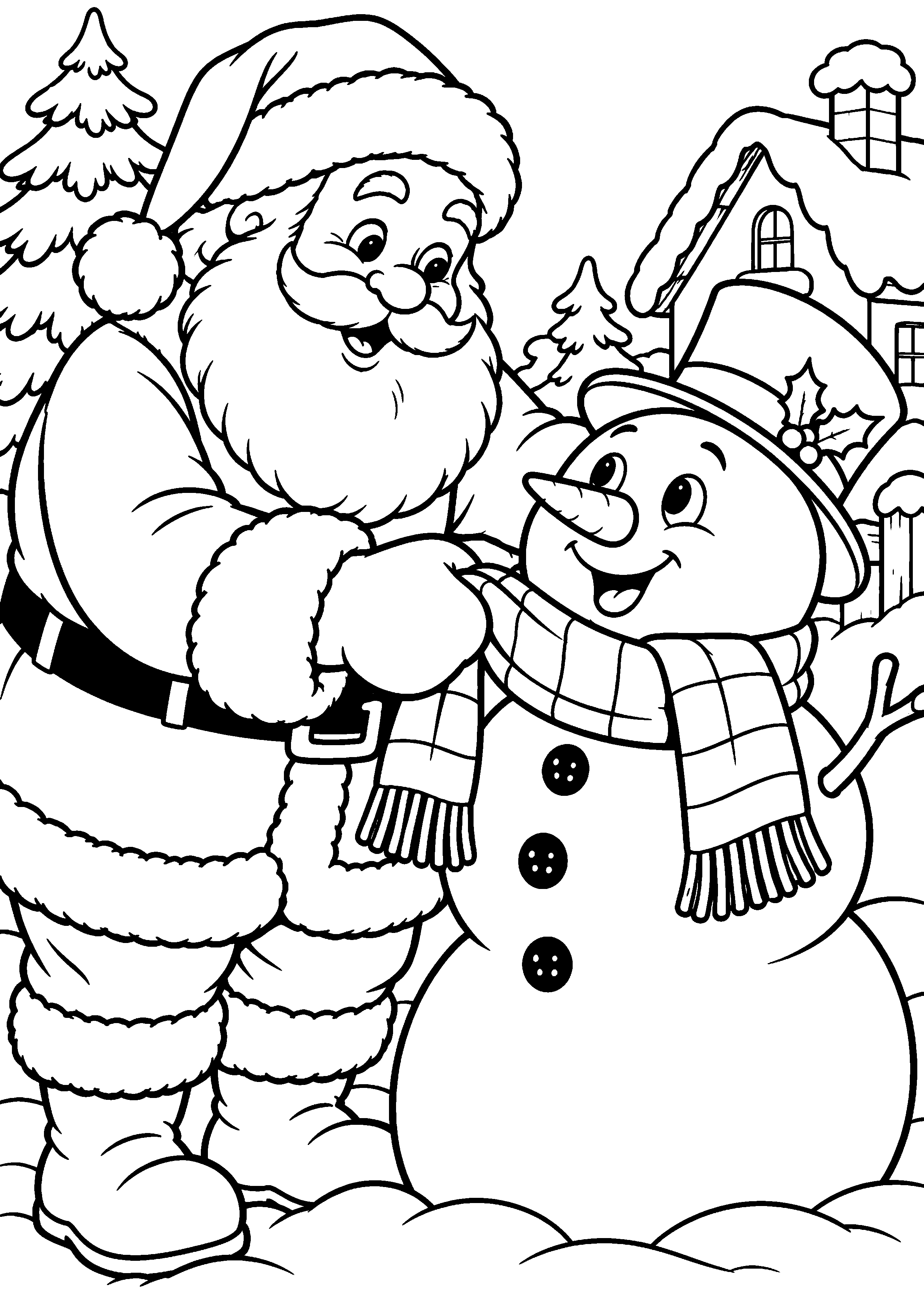 Coloriage en noir et blanc représentant Père Noël offrant une écharpe à un bonhomme de neige, en grand format A4