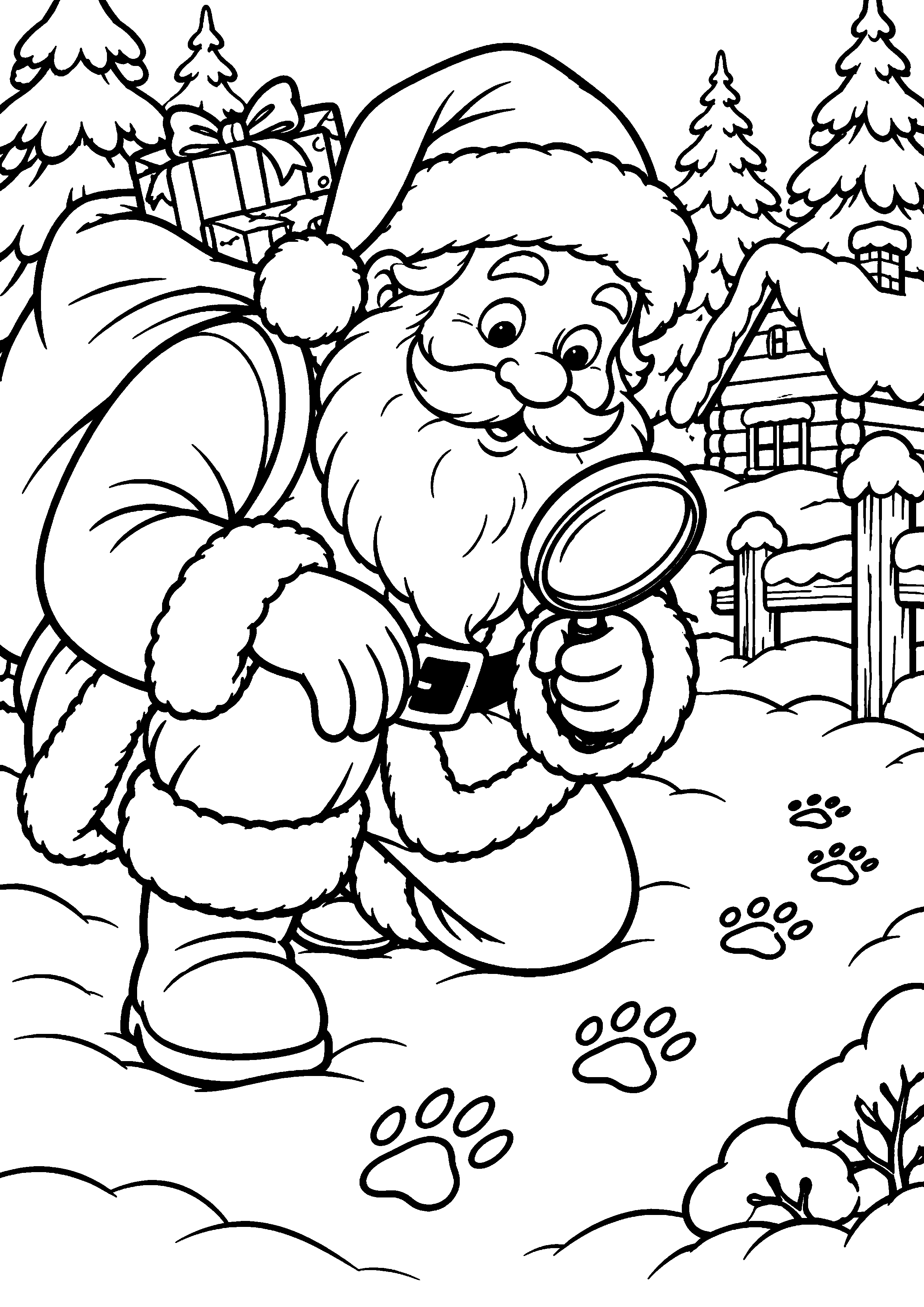 Coloriage en noir et blanc représentant Père Noël observant des traces d'animaux avec une loupe, en grand format A4