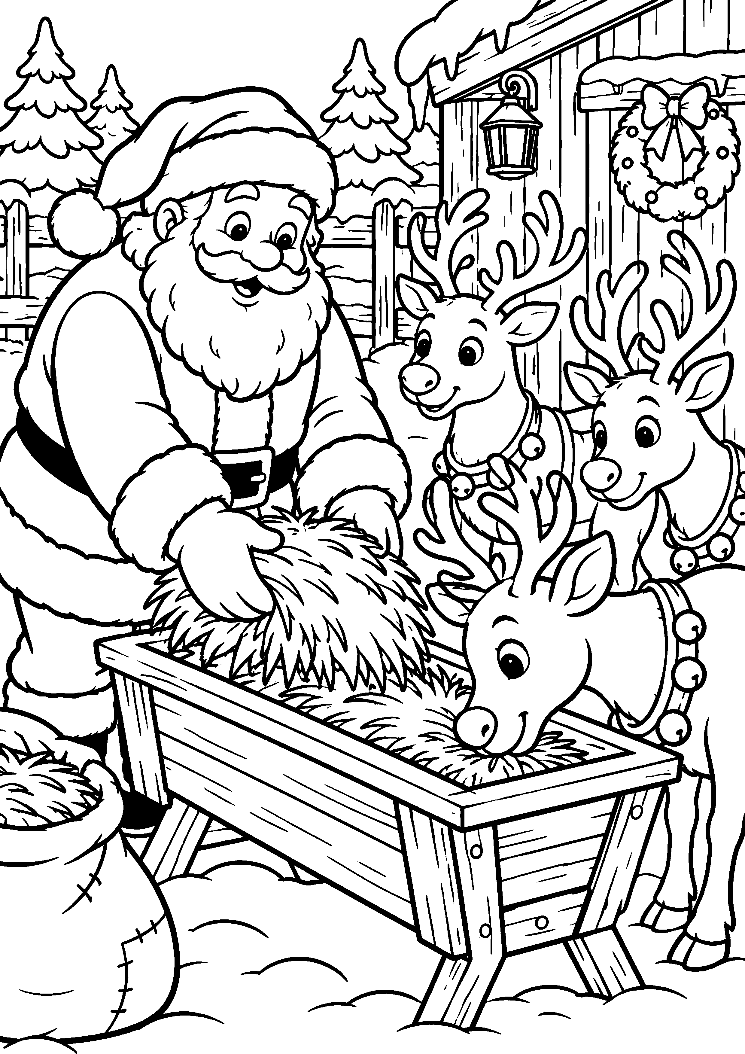 Coloriage en noir et blanc représentant Père Noël préparant une mangeoire pour les rennes, en grand format A4