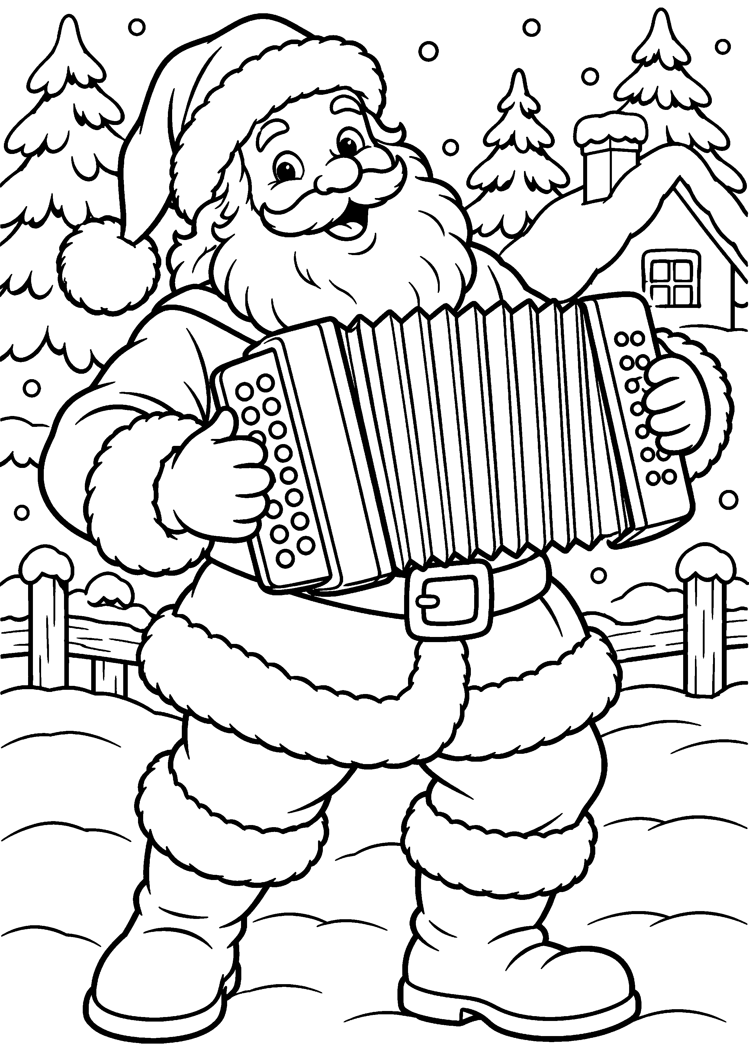 Coloriage en noir et blanc représentant Père Noël jouant de l'accordéon devant un décor de neige, en grand format A4