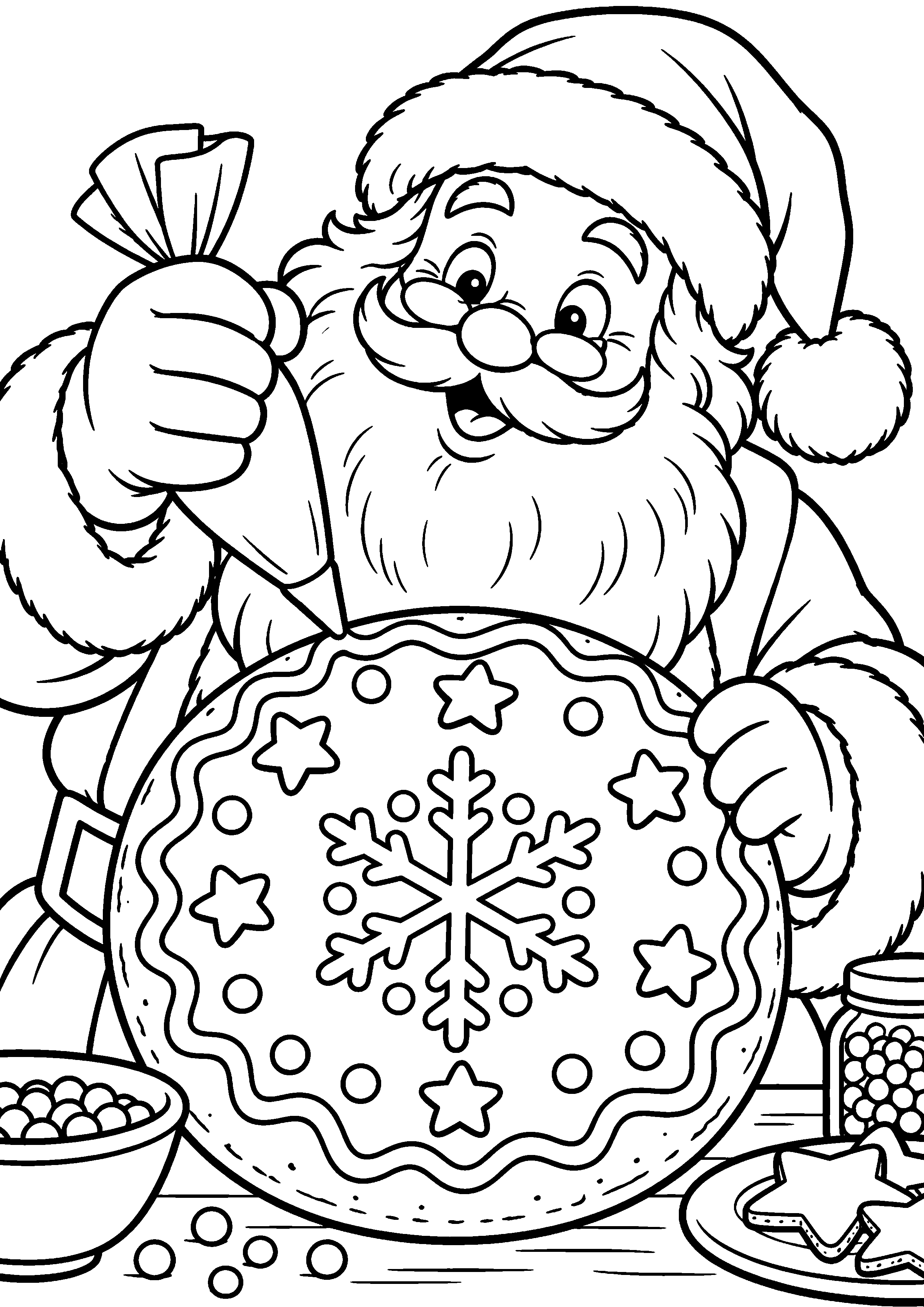 Coloriage en noir et blanc représentant Père Noël décorant un grand biscuit rond sans inscription, en grand format A4