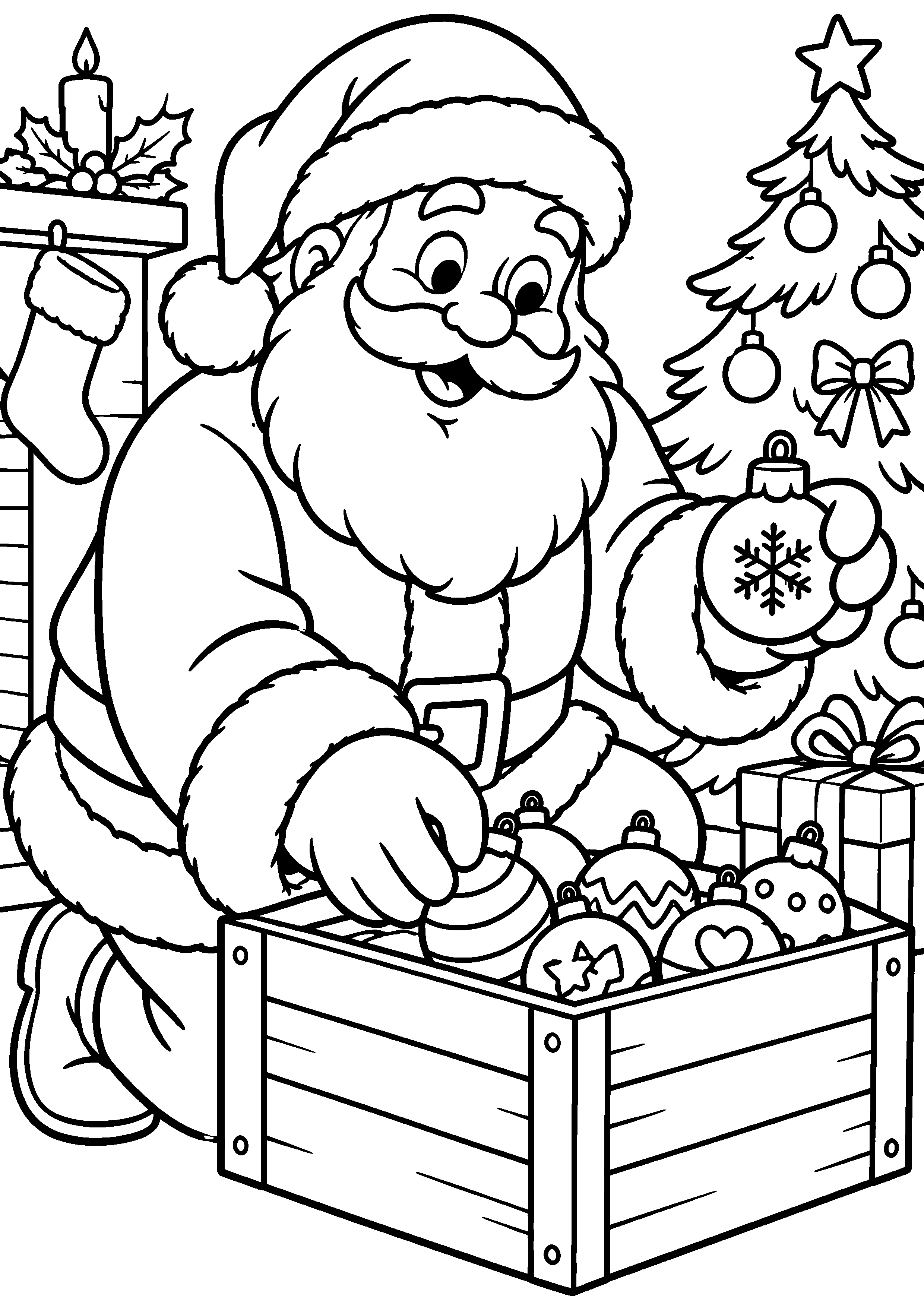 Coloriage en noir et blanc représentant Père Noël rangeant des boules dans une caisse, en grand format A4