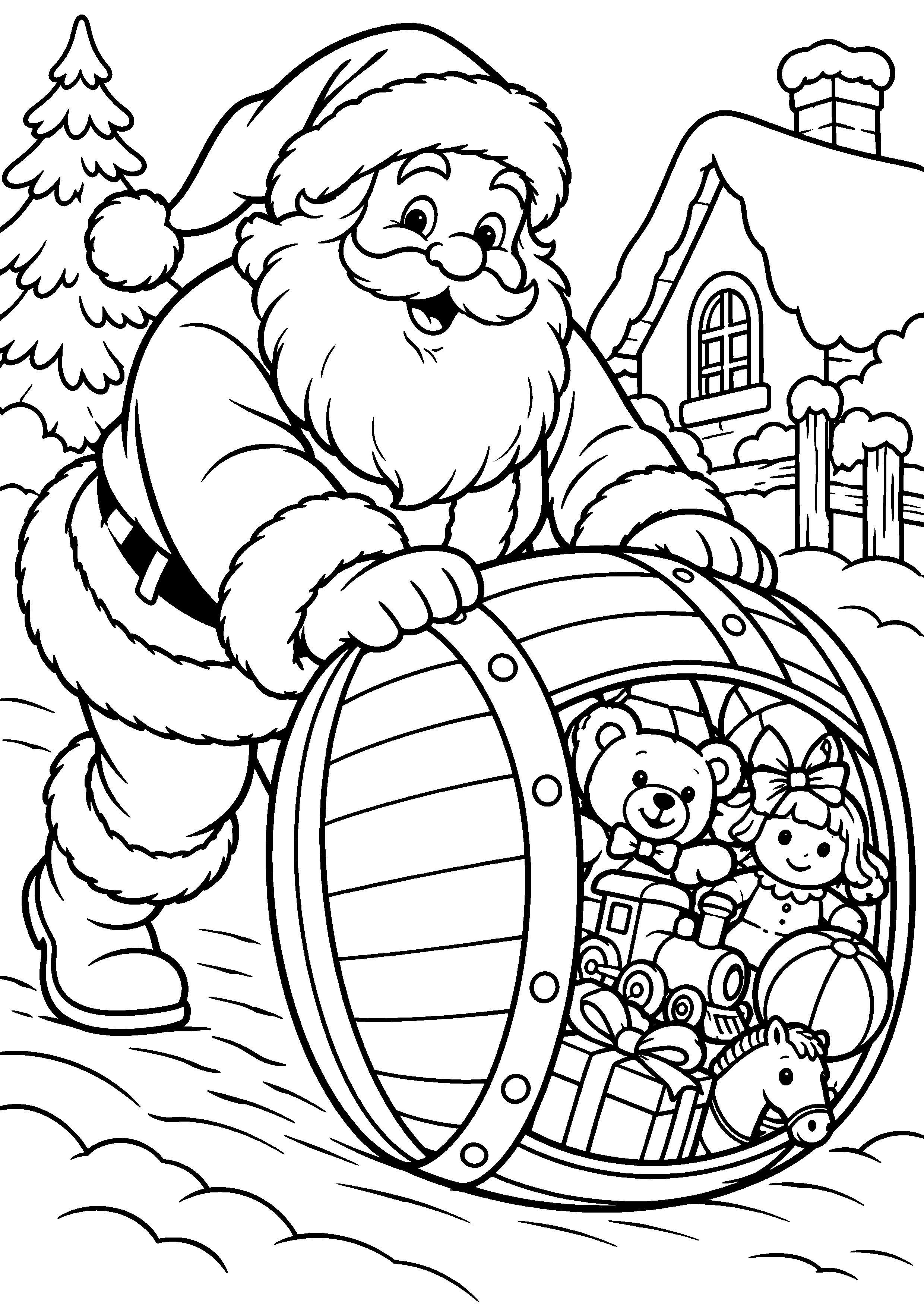 Coloriage en noir et blanc représentant Père Noël faisant rouler un tonneau de jouets, en grand format A4