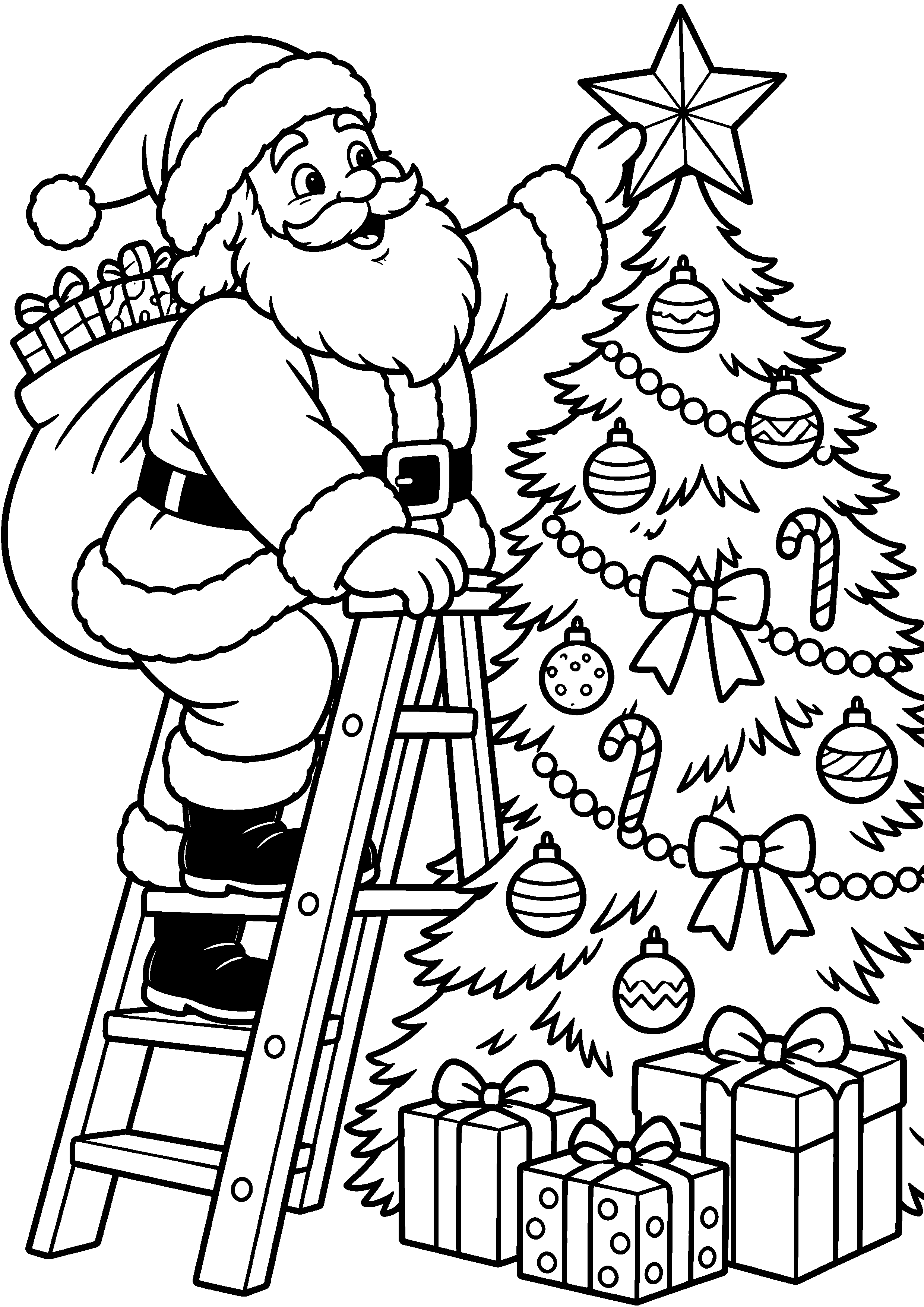 Coloriage en noir et blanc représentant Père Noël sur une échelle accrochant une étoile générique, en grand format A4