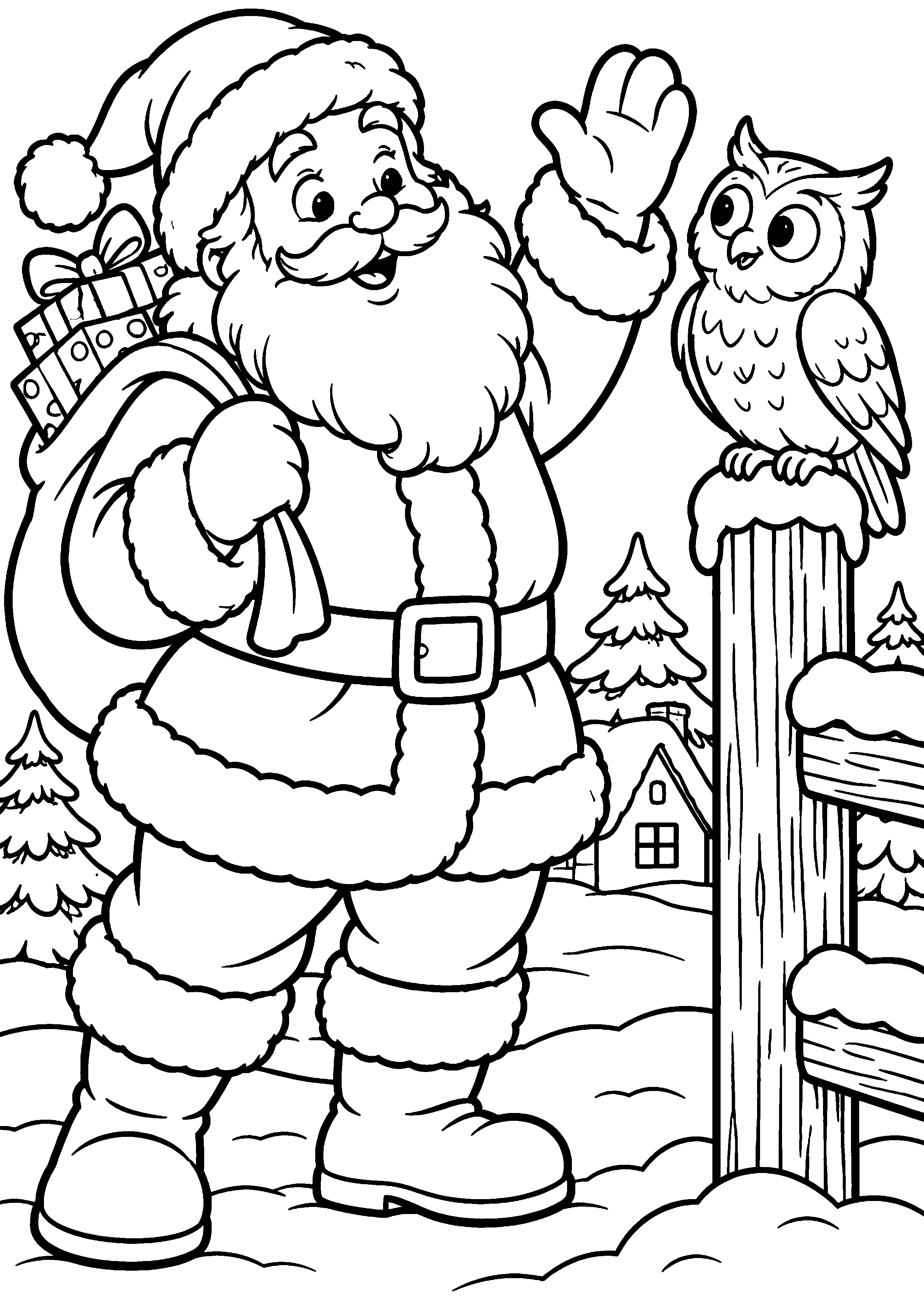 Coloriage en noir et blanc représentant Père Noël saluant un hibou posé sur un poteau, en grand format A4