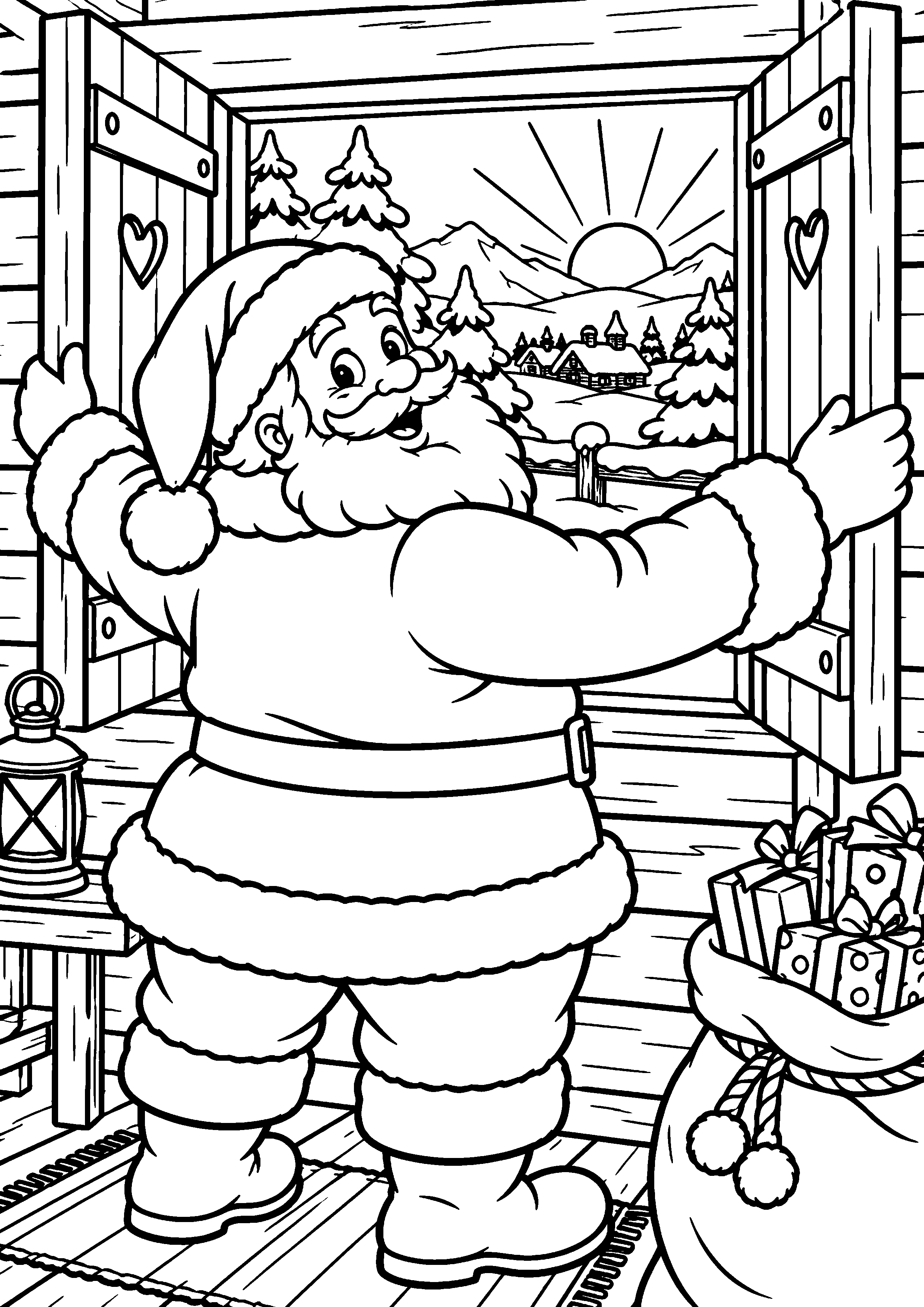 Coloriage en noir et blanc représentant Père Noël ouvrant les volets de son chalet au matin, en grand format A4