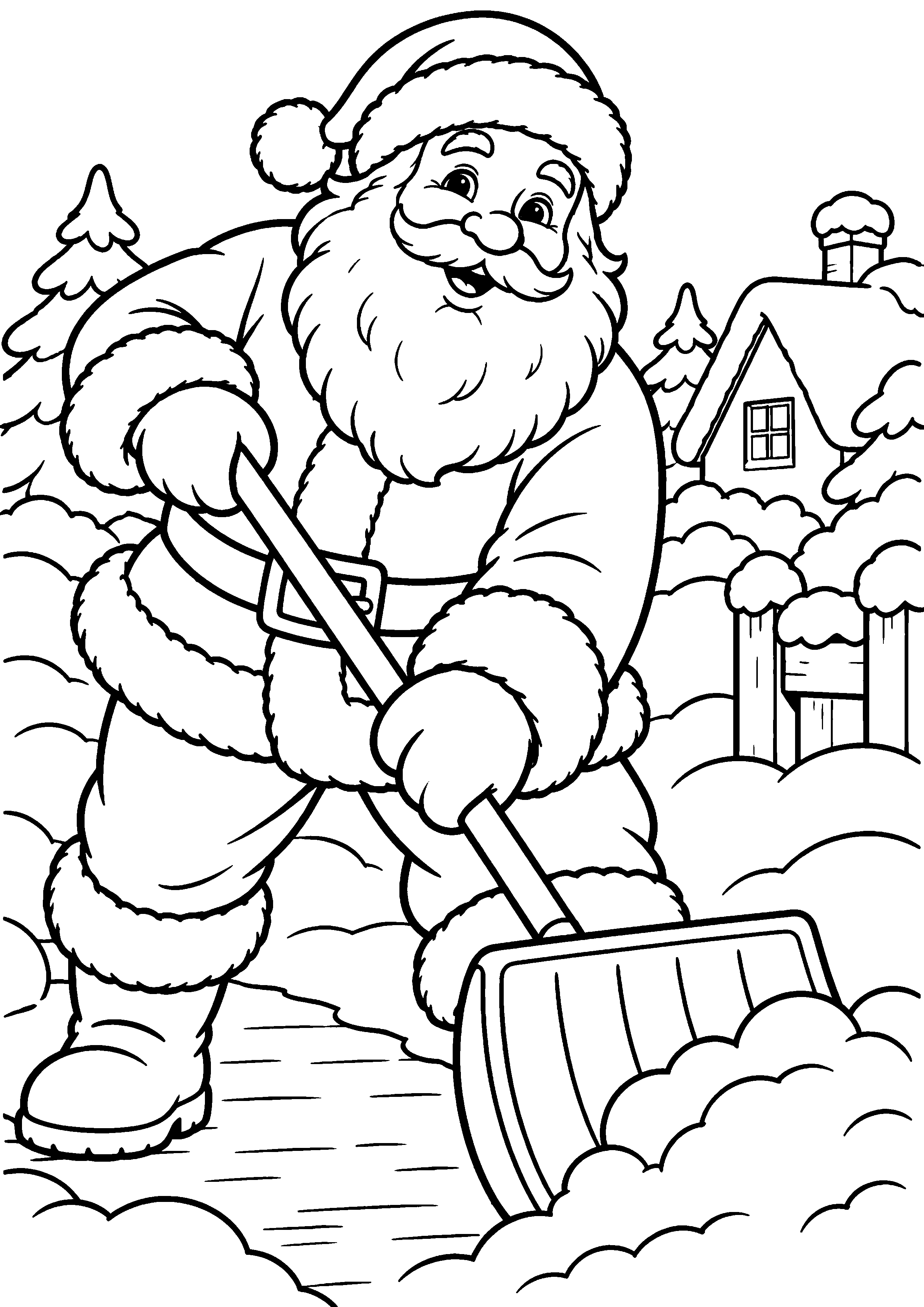 Coloriage en noir et blanc représentant Père Noël déblayant un chemin avec une grande pelle, en grand format A4