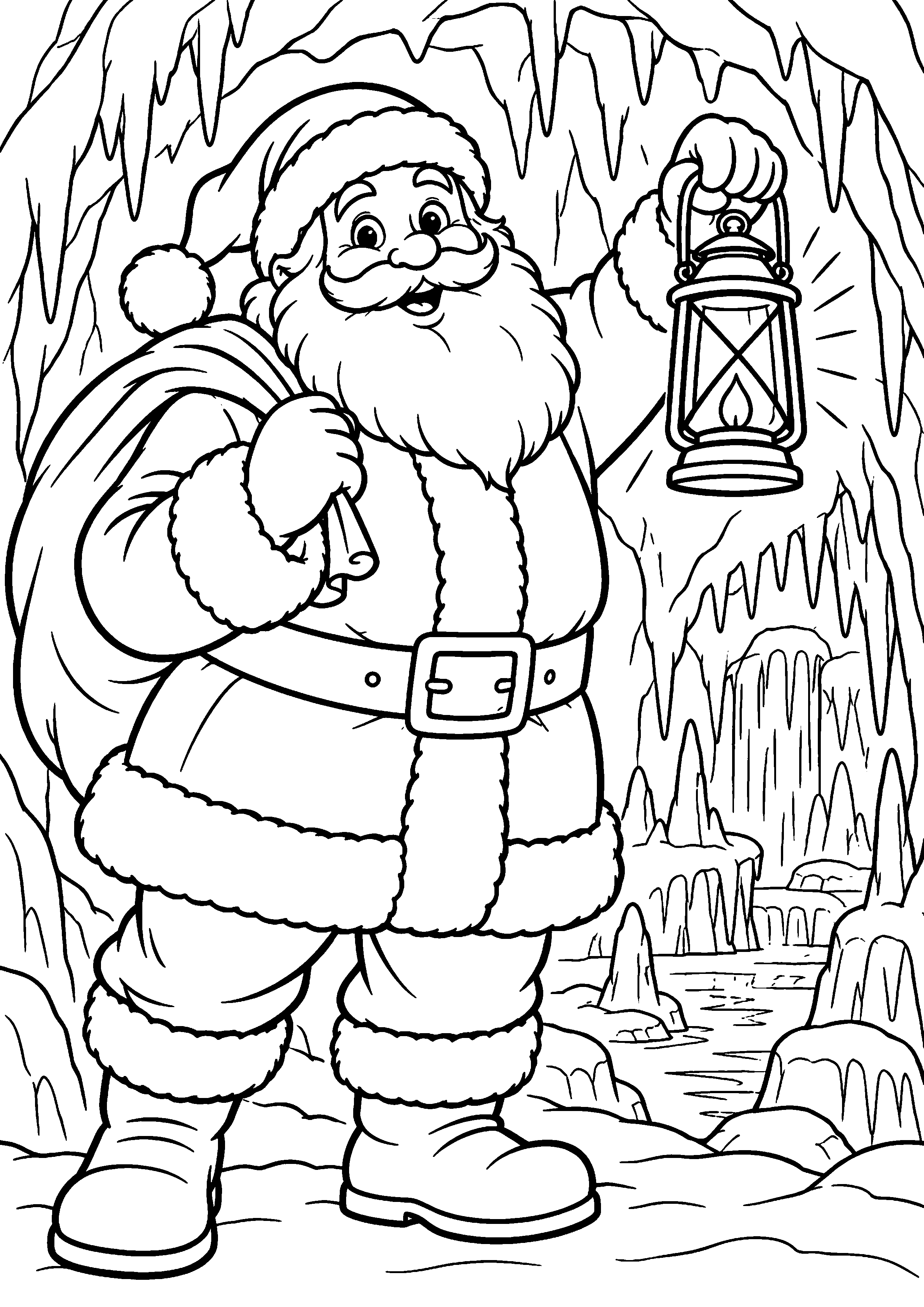 Coloriage en noir et blanc représentant Père Noël tenant une lanterne devant une grotte de glace, en grand format A4