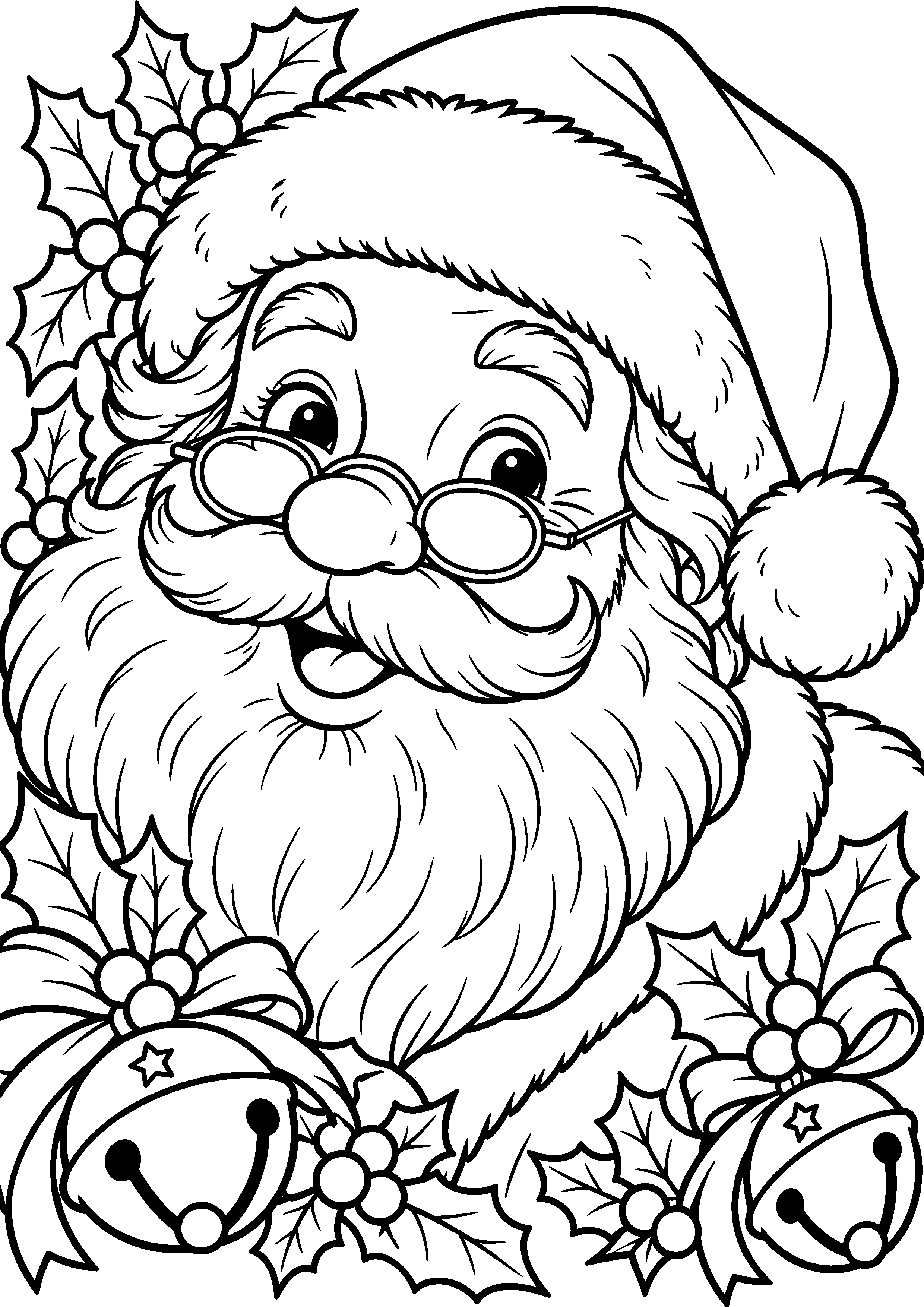 Coloriage en noir et blanc représentant portrait rapproché du Père Noël entouré de houx et de grelots, en grand format A4