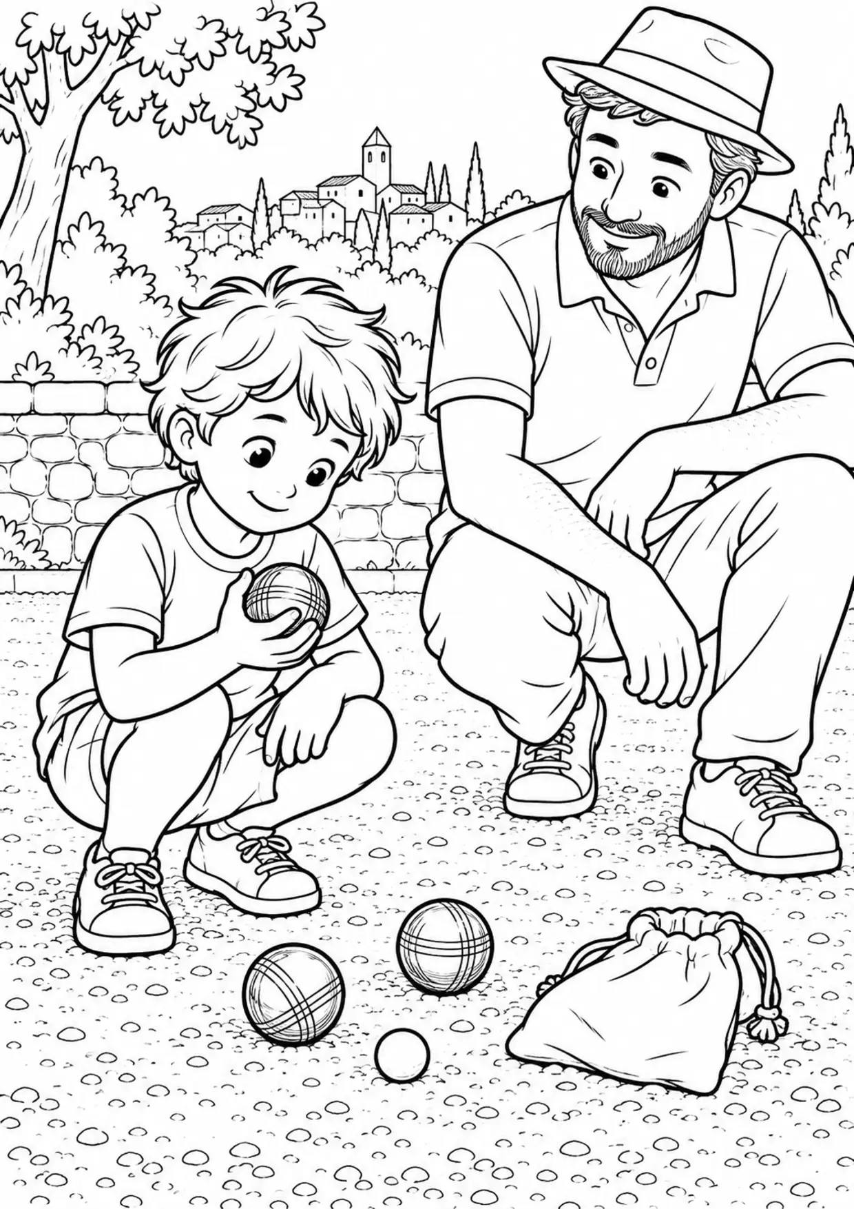 Coloriage pétanque : enfant découvrant le matériel sportif à imprimer