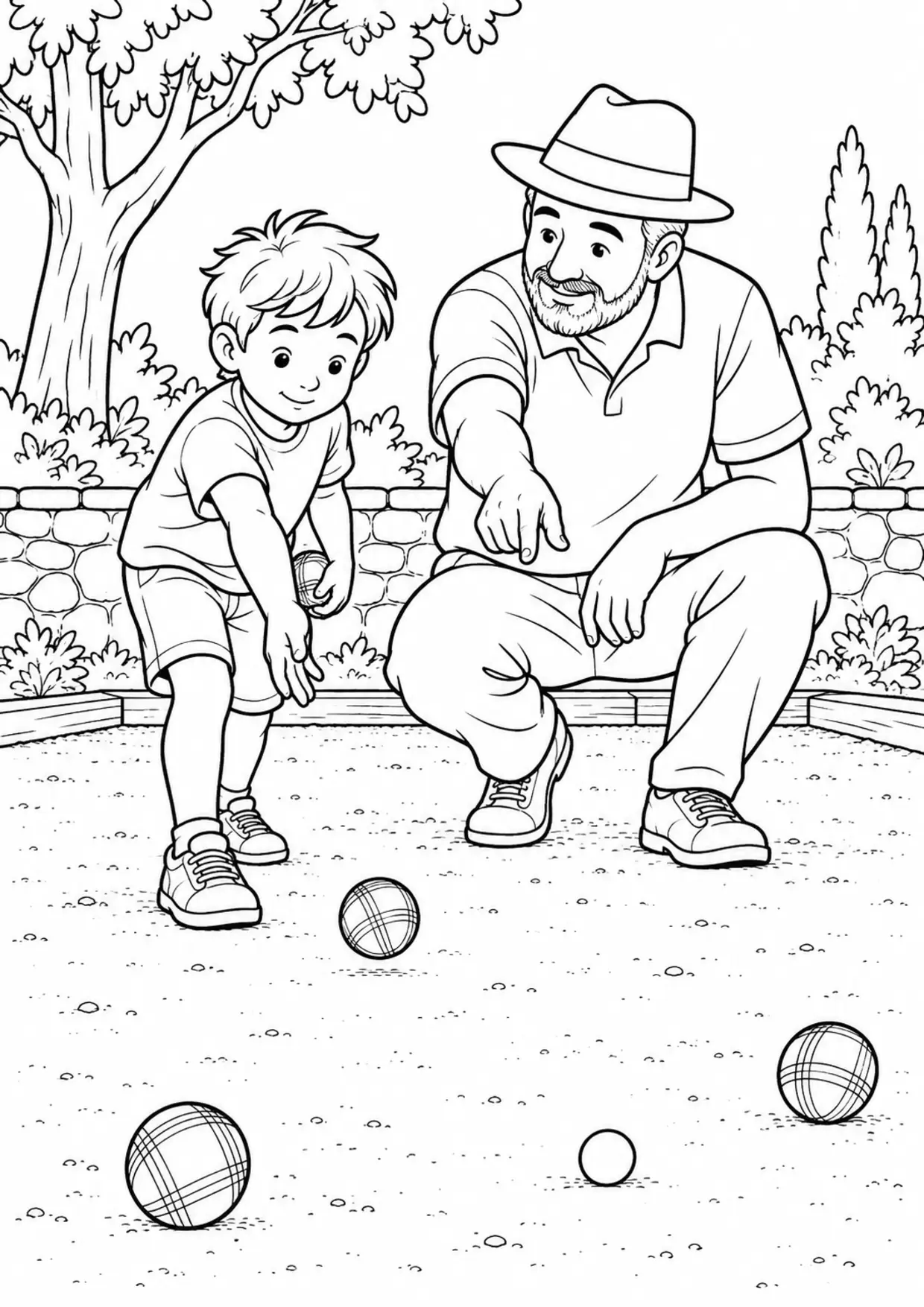 Coloriage pétanque : enfant et adulte lors d’un entraînement à imprimer