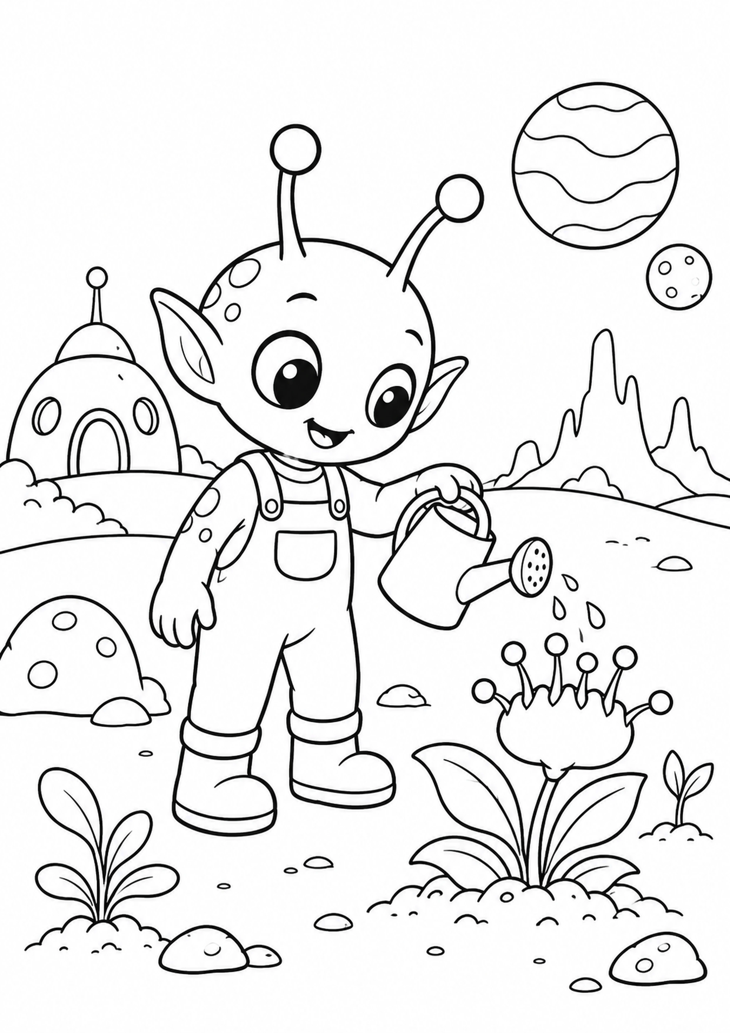 Coloriage alien à antennes qui jardine à imprimer