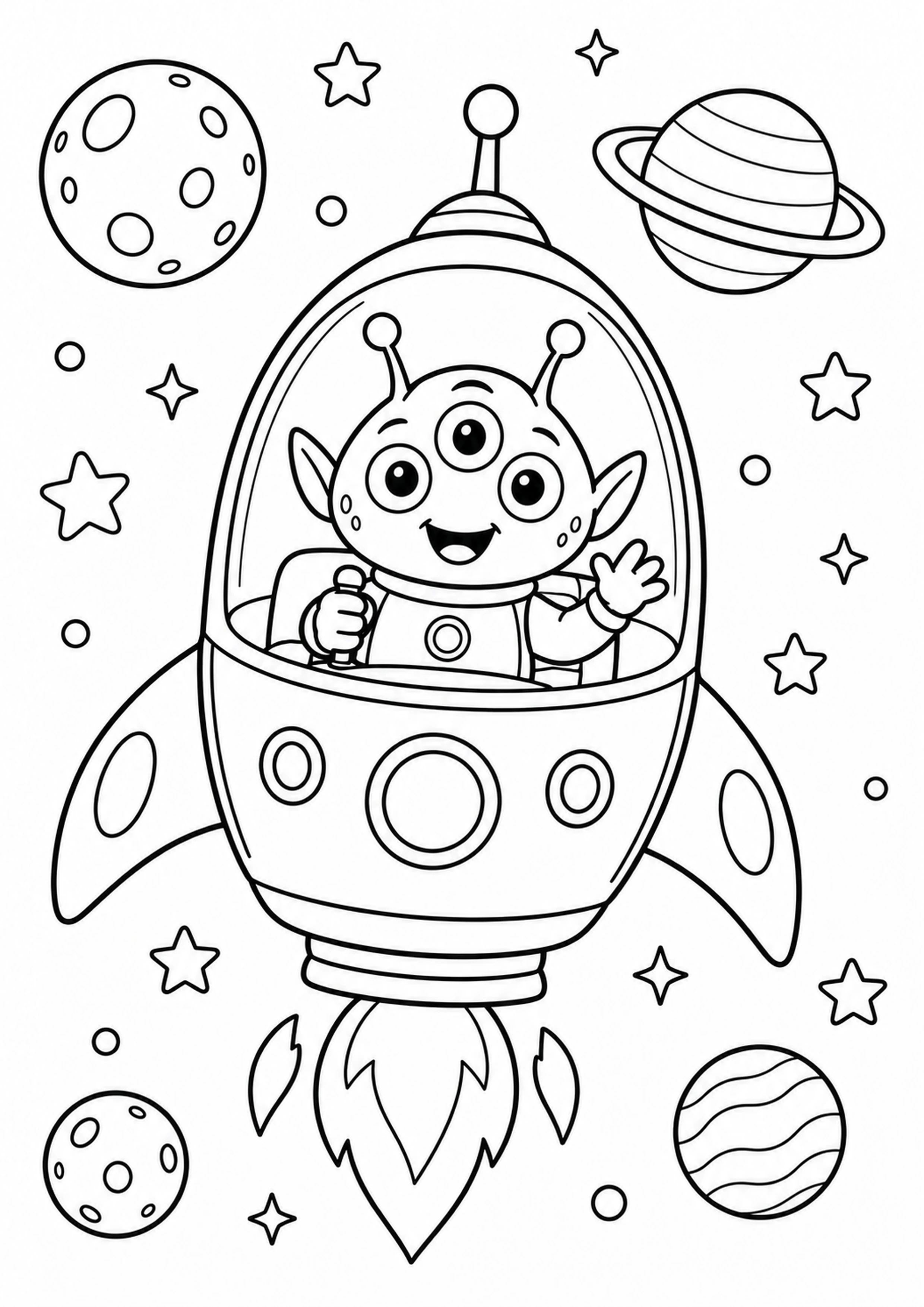 Coloriage alien à trois yeux dans une fusée originale à imprimer