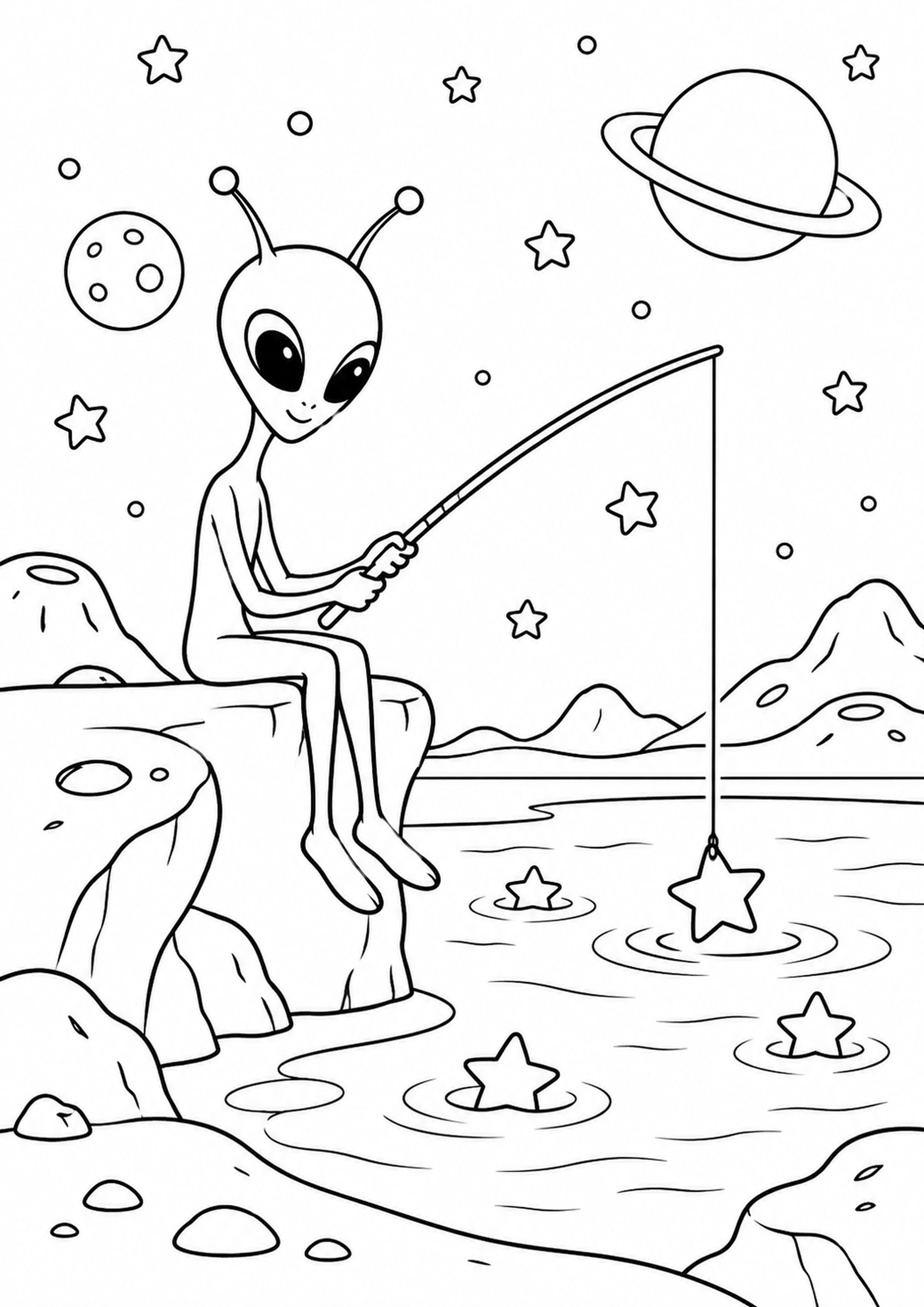 Coloriage alien longiligne qui pêche des étoiles à imprimer