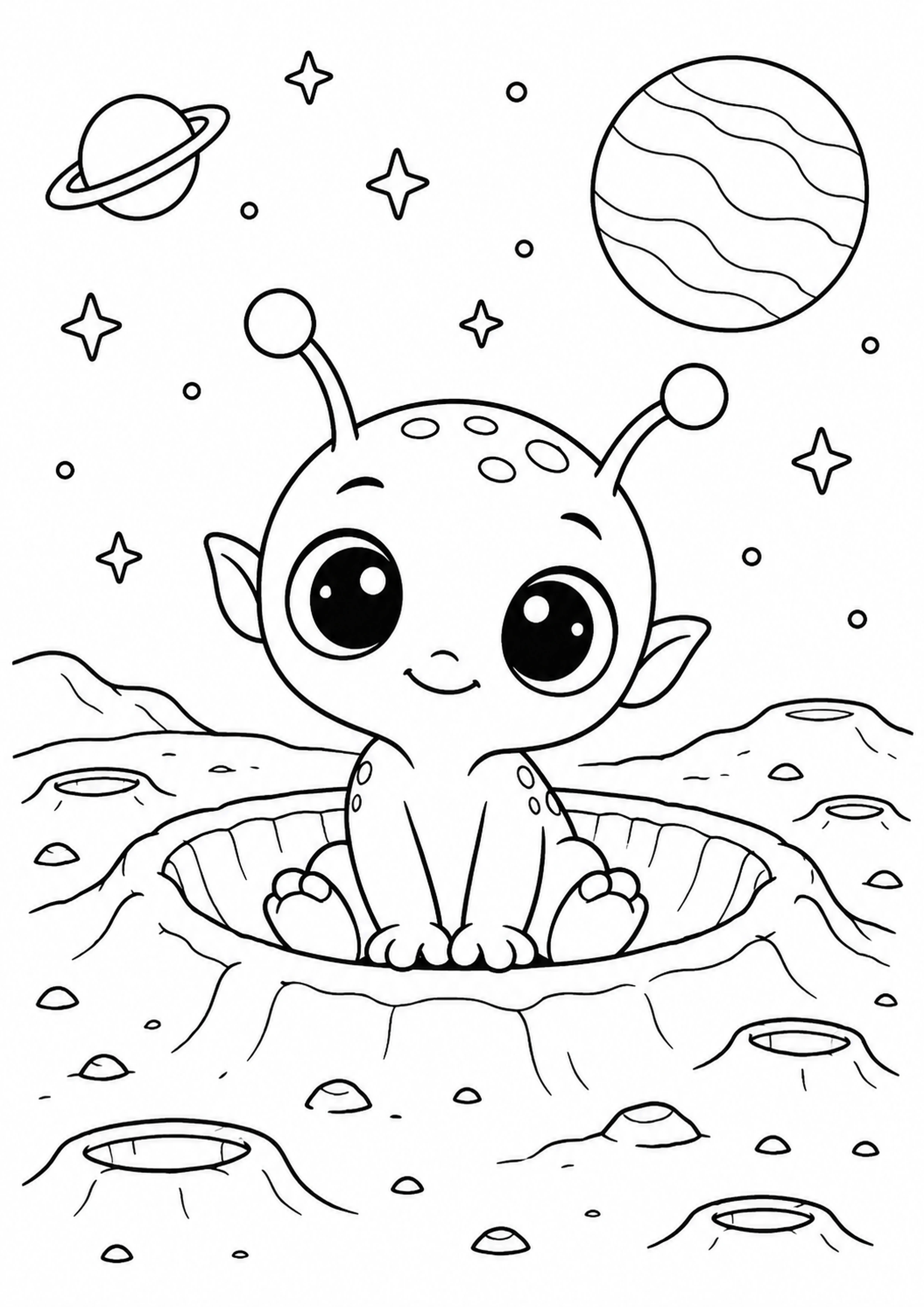 Coloriage bébé alien dans un cratère à imprimer