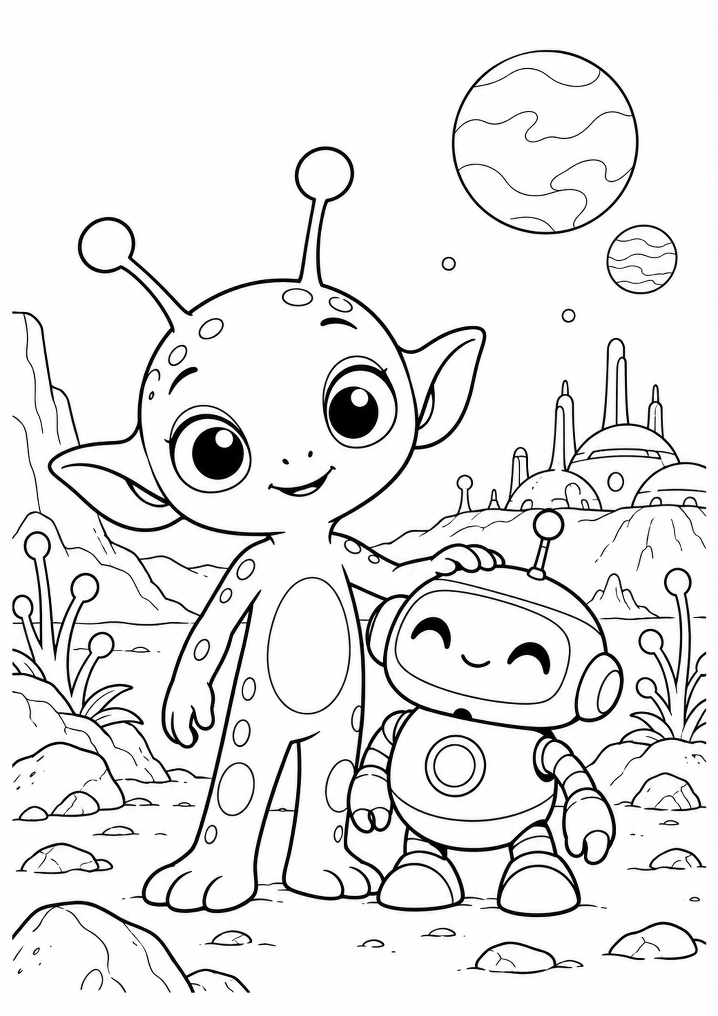 Coloriage alien avec robot compagnon original à imprimer