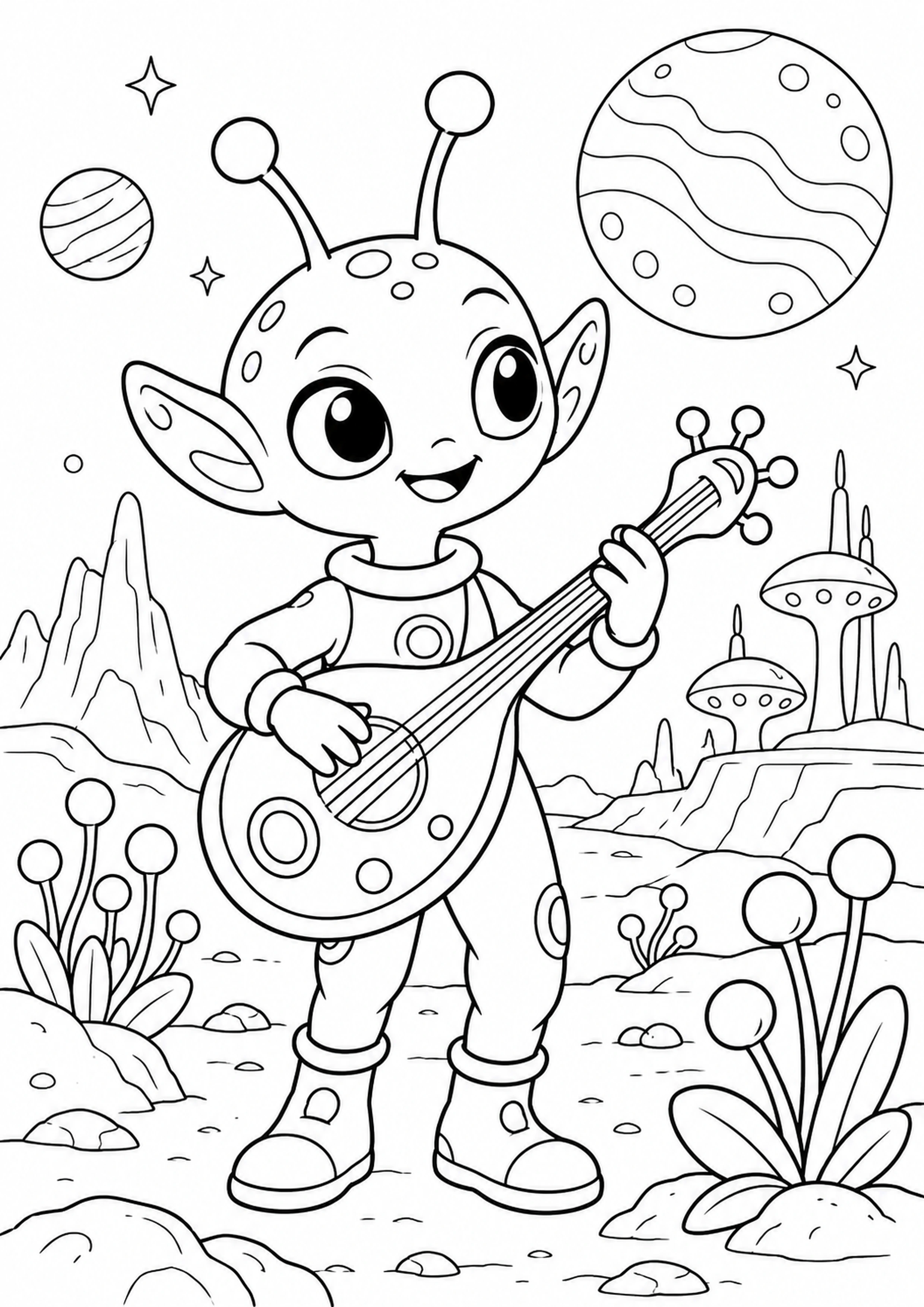Coloriage alien musicien sur planète imaginaire à imprimer