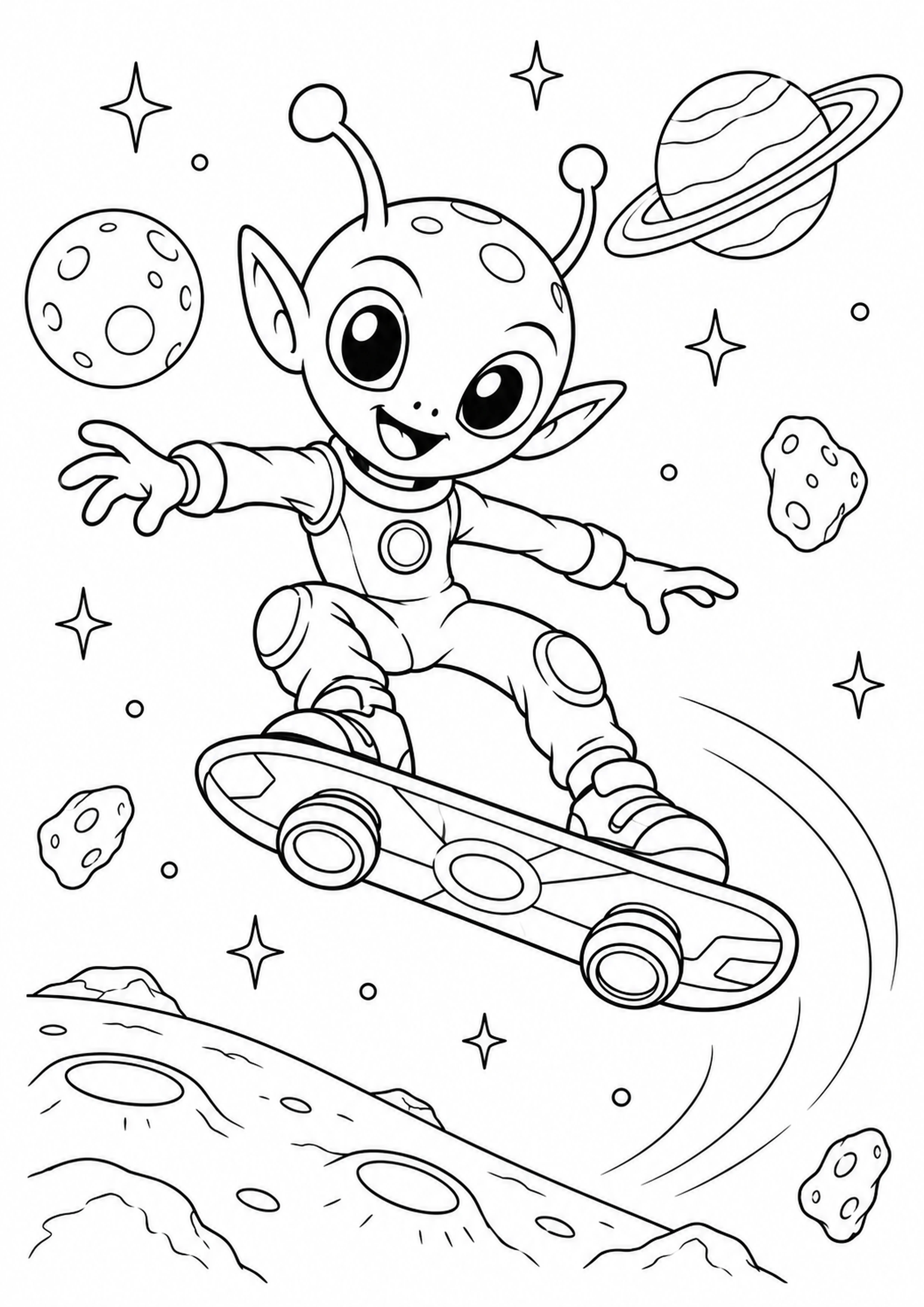 Coloriage alien qui fait du skate spatial générique à imprimer