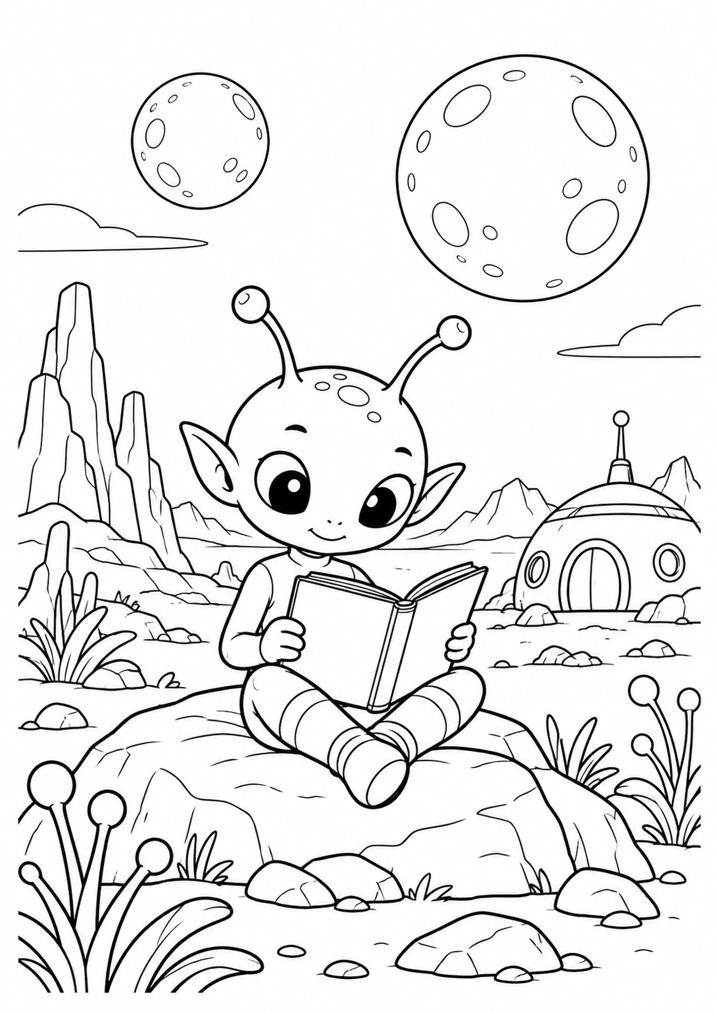 Coloriage alien lecteur sous deux lunes à imprimer