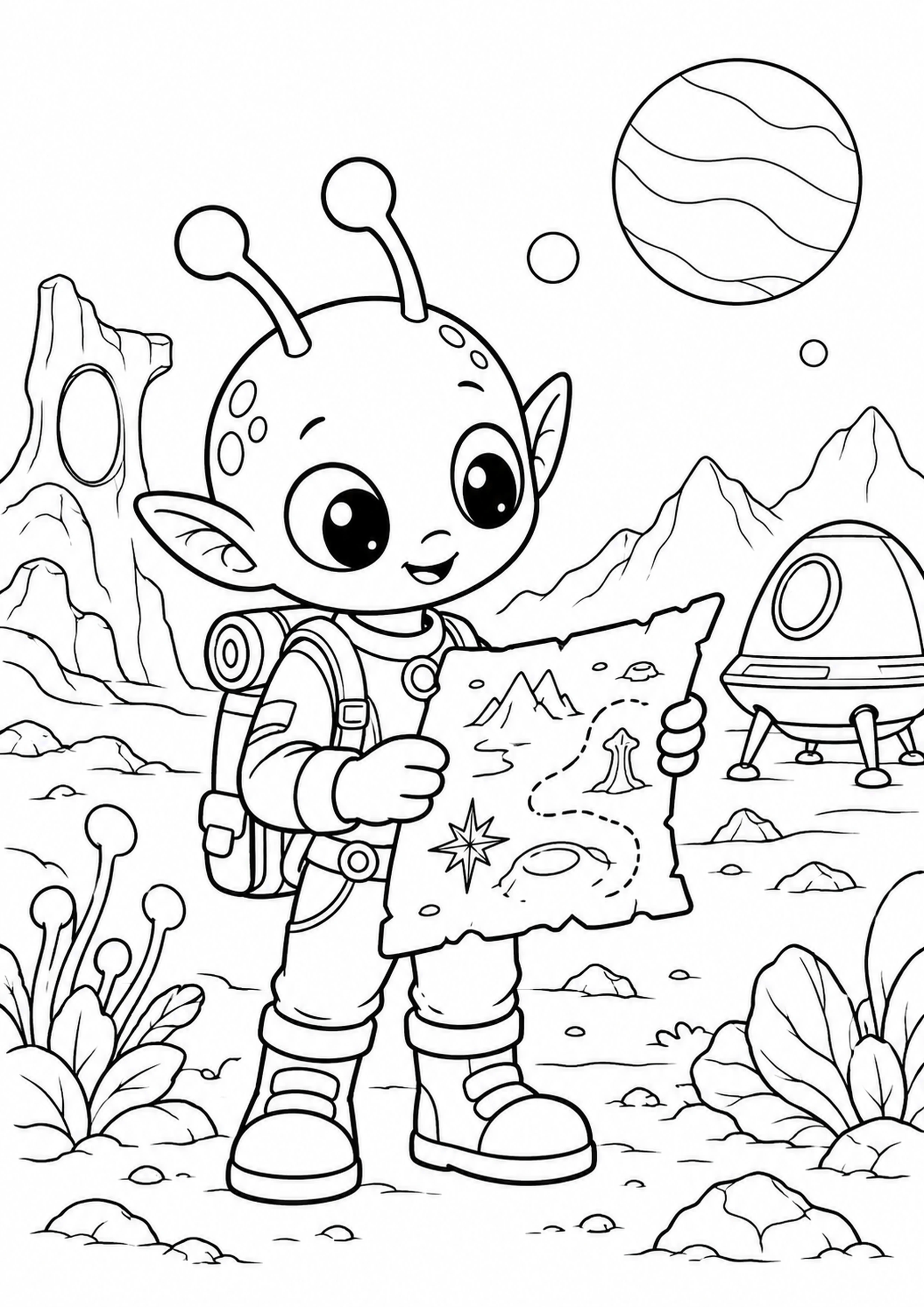 Coloriage alien explorateur avec carte originale à imprimer