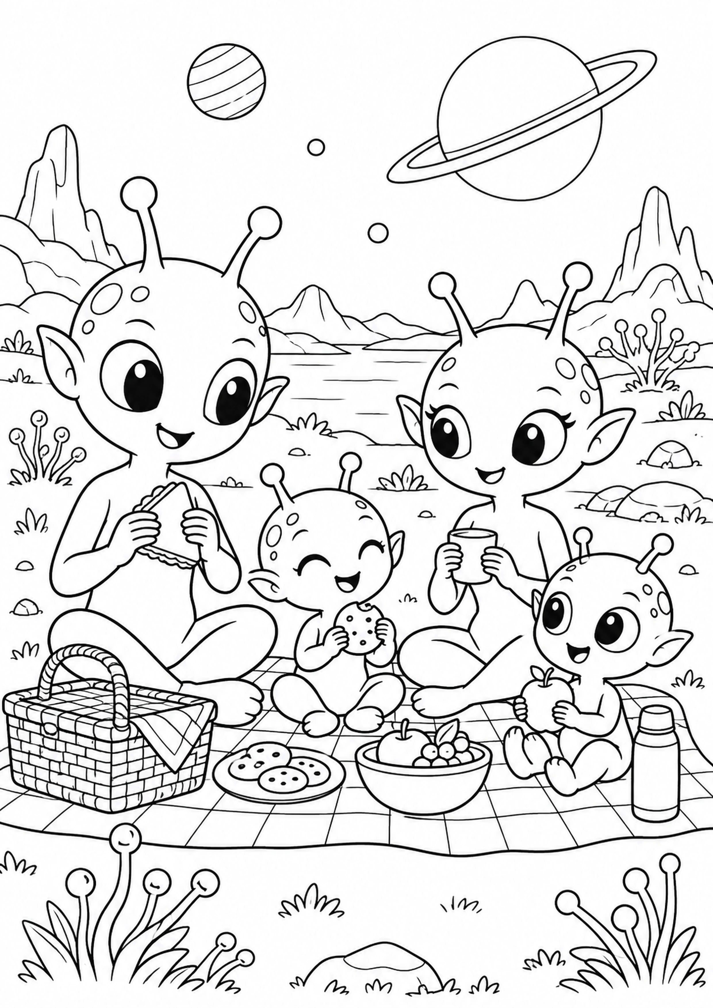 Coloriage famille alien au pique-nique à imprimer
