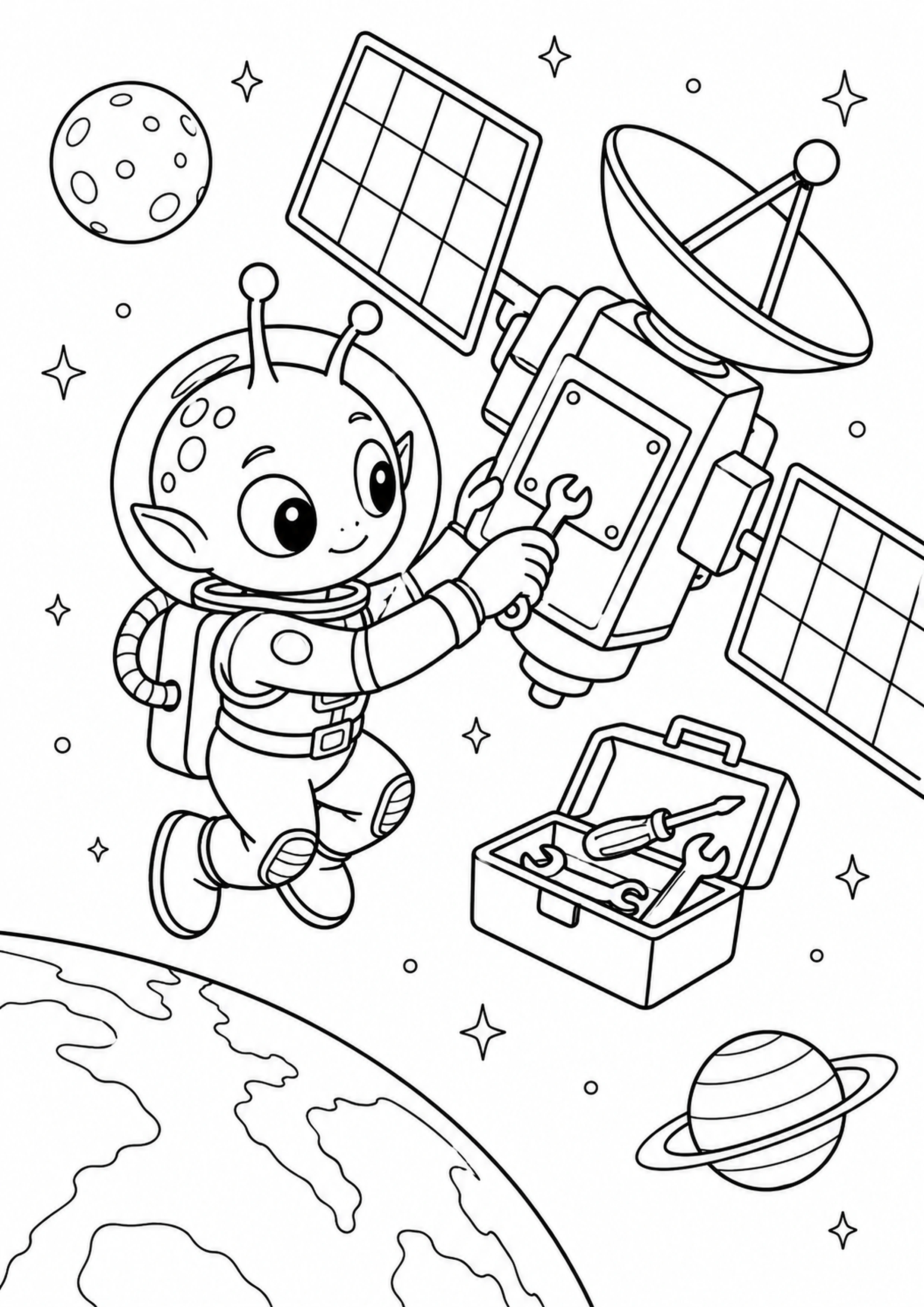 Coloriage alien qui répare un satellite générique à imprimer