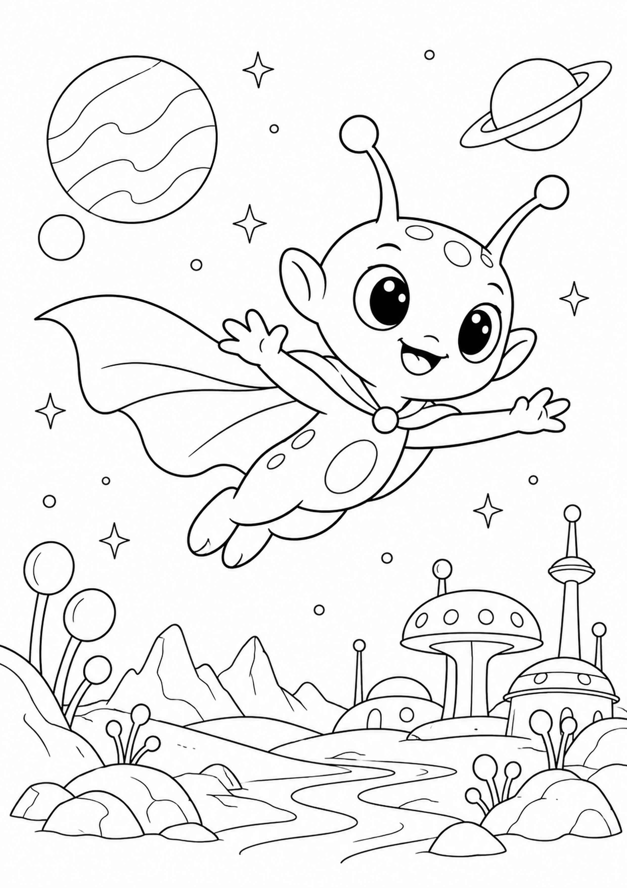 Coloriage alien volant avec cape non héroïque à imprimer