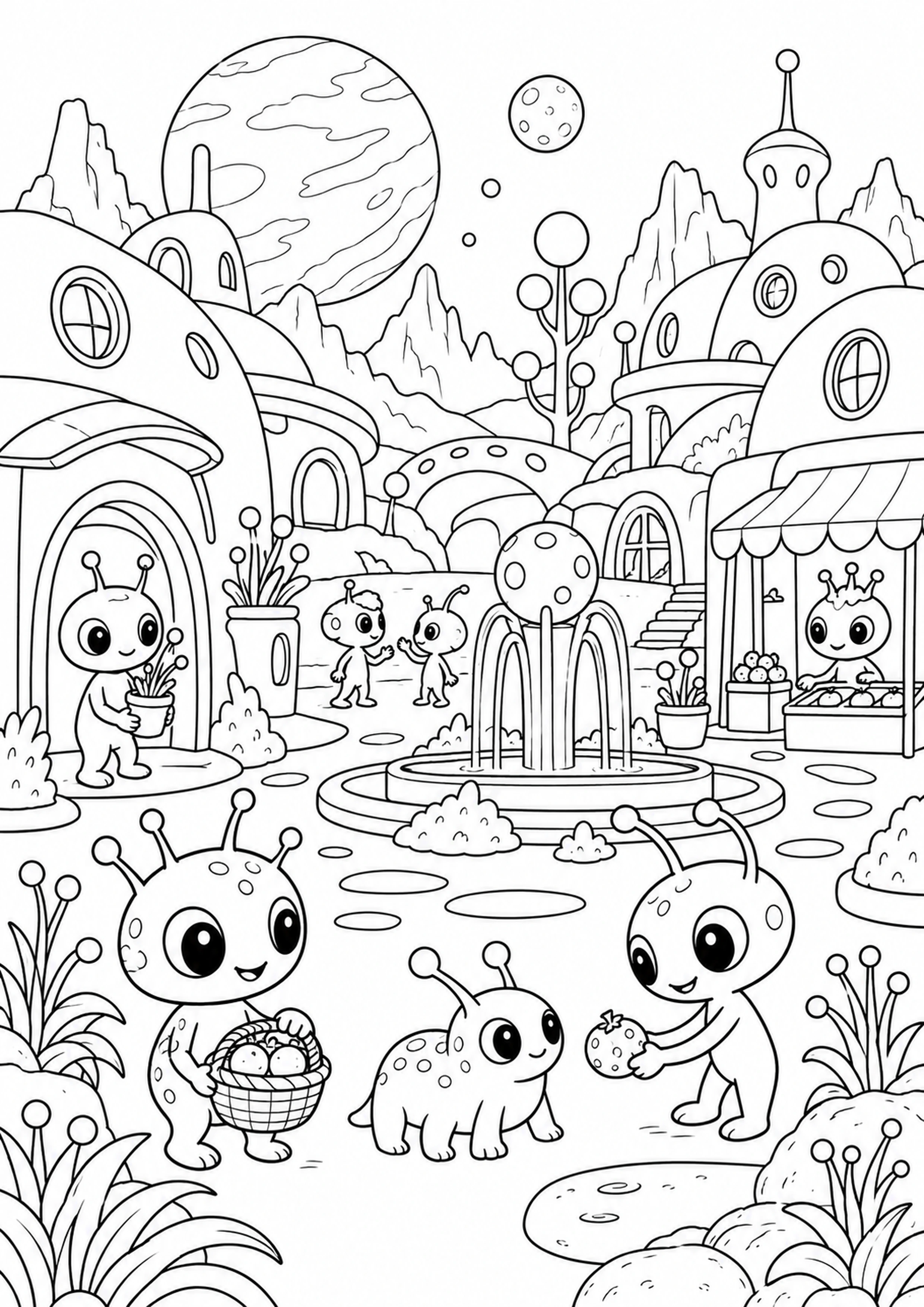 Coloriage village de petits aliens originaux à imprimer