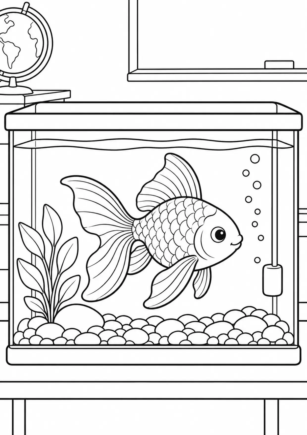 Coloriage poisson rouge : aquarium classe à imprimer montrant aquarium classe, dessin noir et blanc