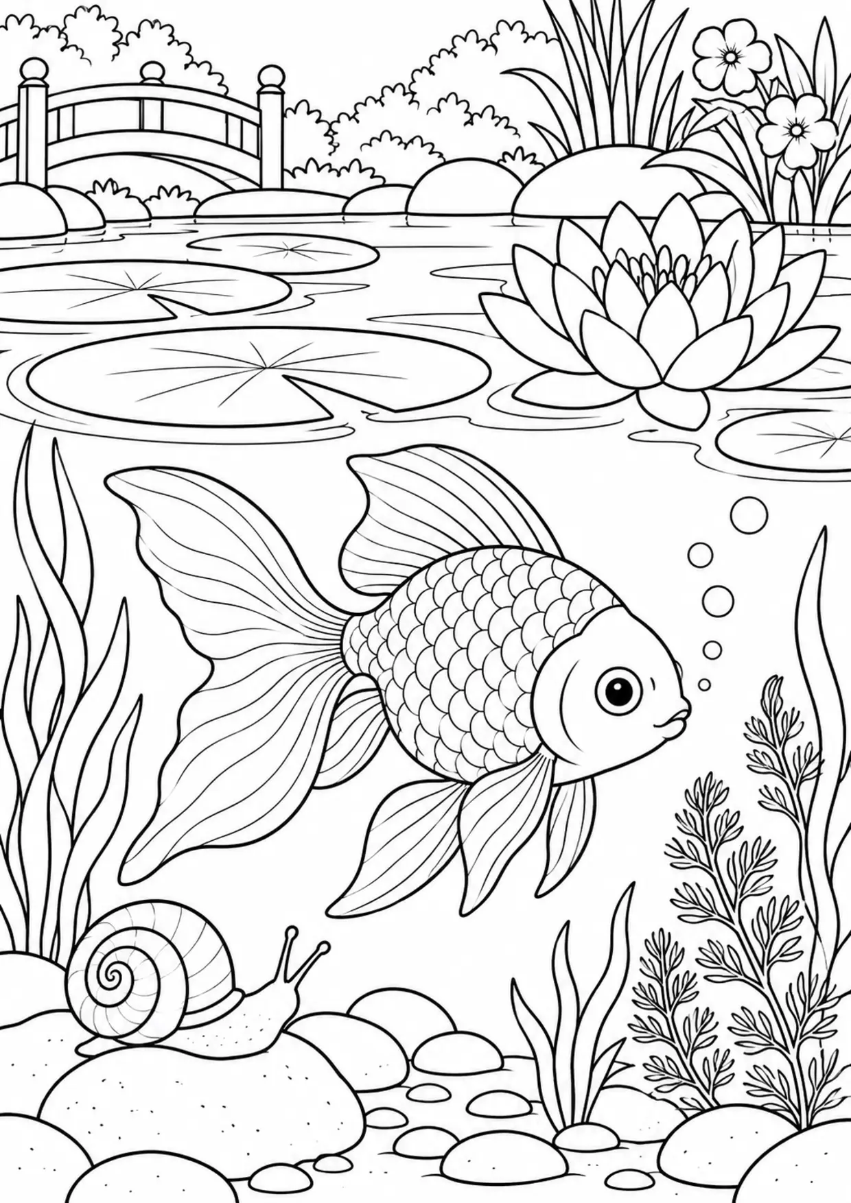 Coloriage poisson rouge : bassin à imprimer montrant bassin, dessin noir et blanc