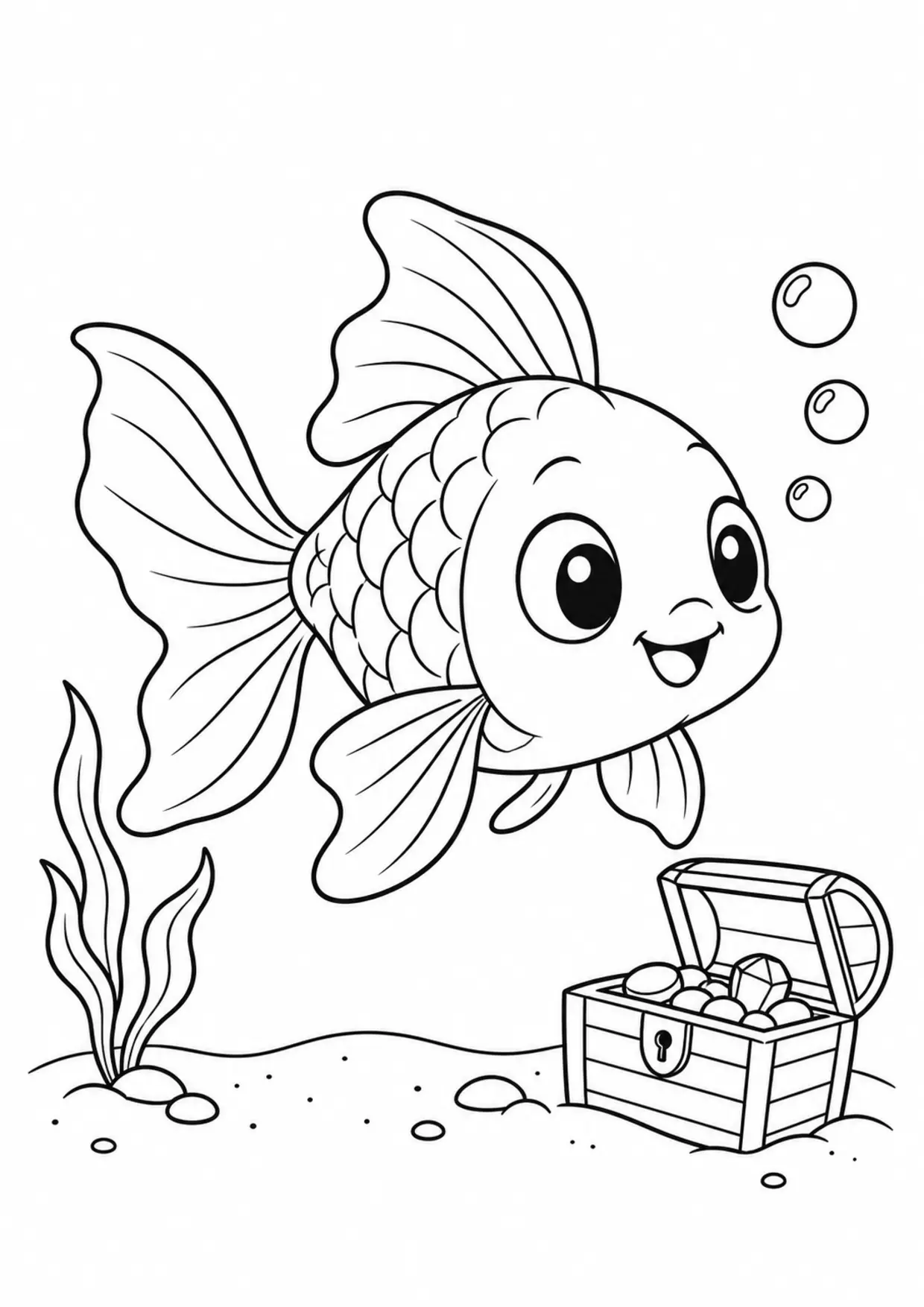 Coloriage poisson rouge : tresor à imprimer montrant tresor, dessin noir et blanc