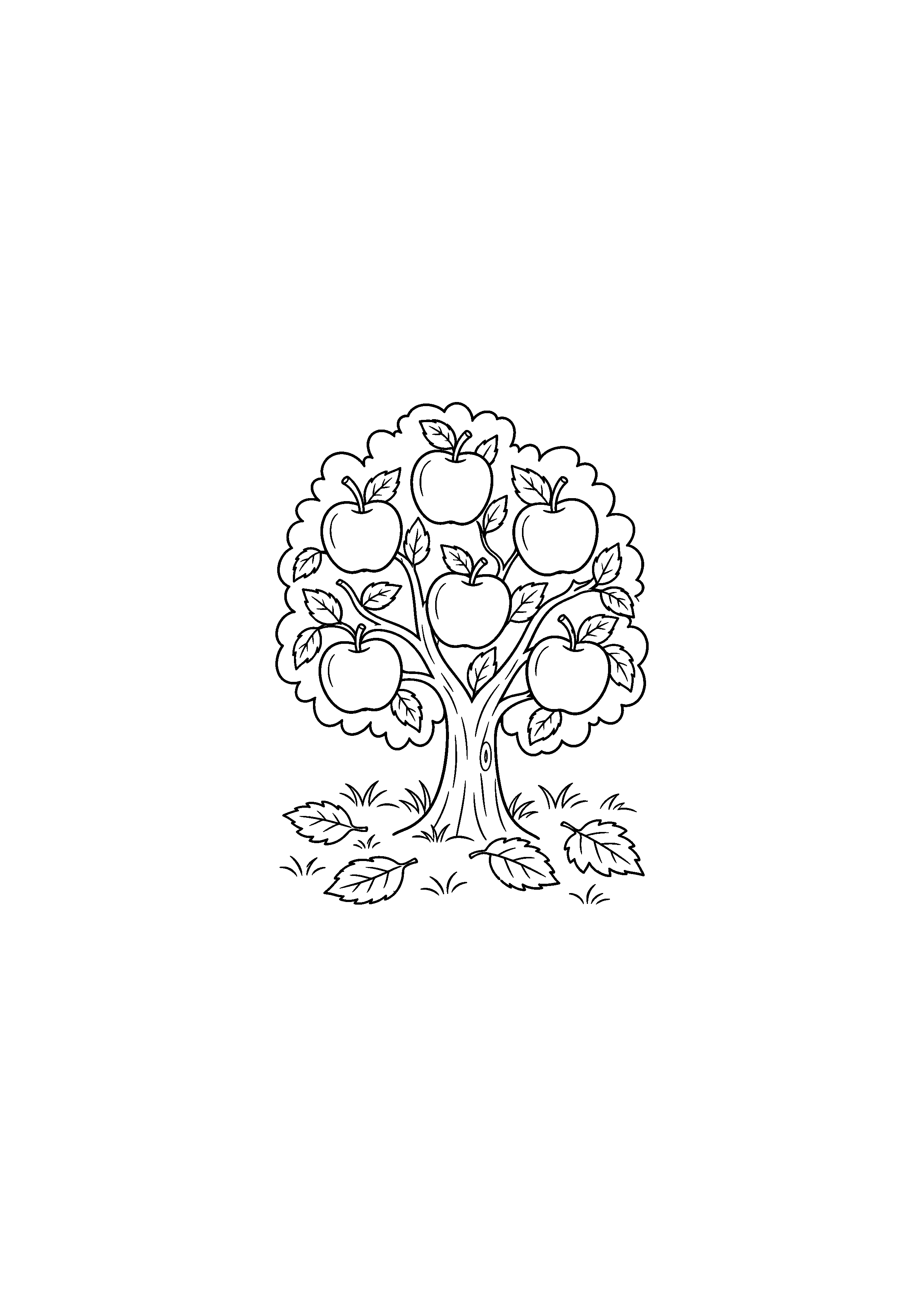 Coloriage pommier chargé de sept pommes à imprimer