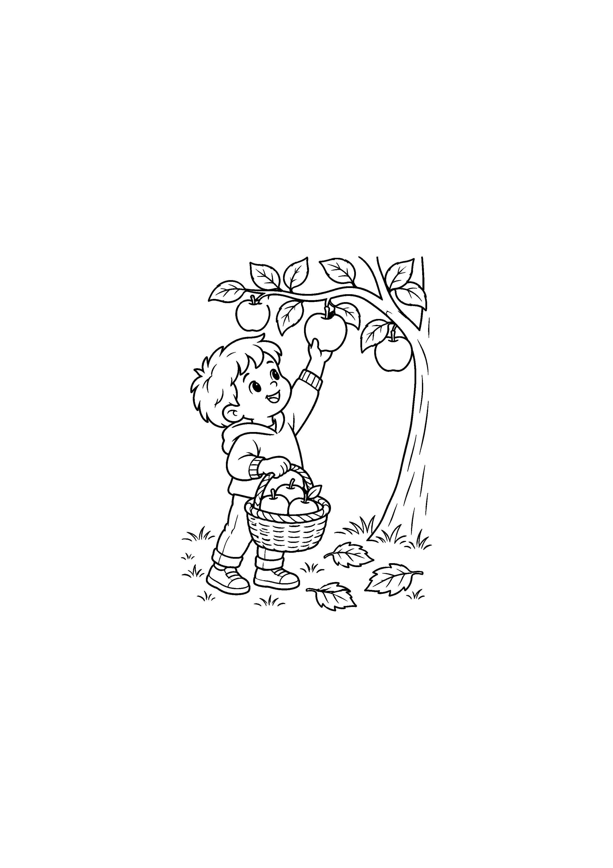 Coloriage enfant cueillant une pomme basse dans un panier à imprimer