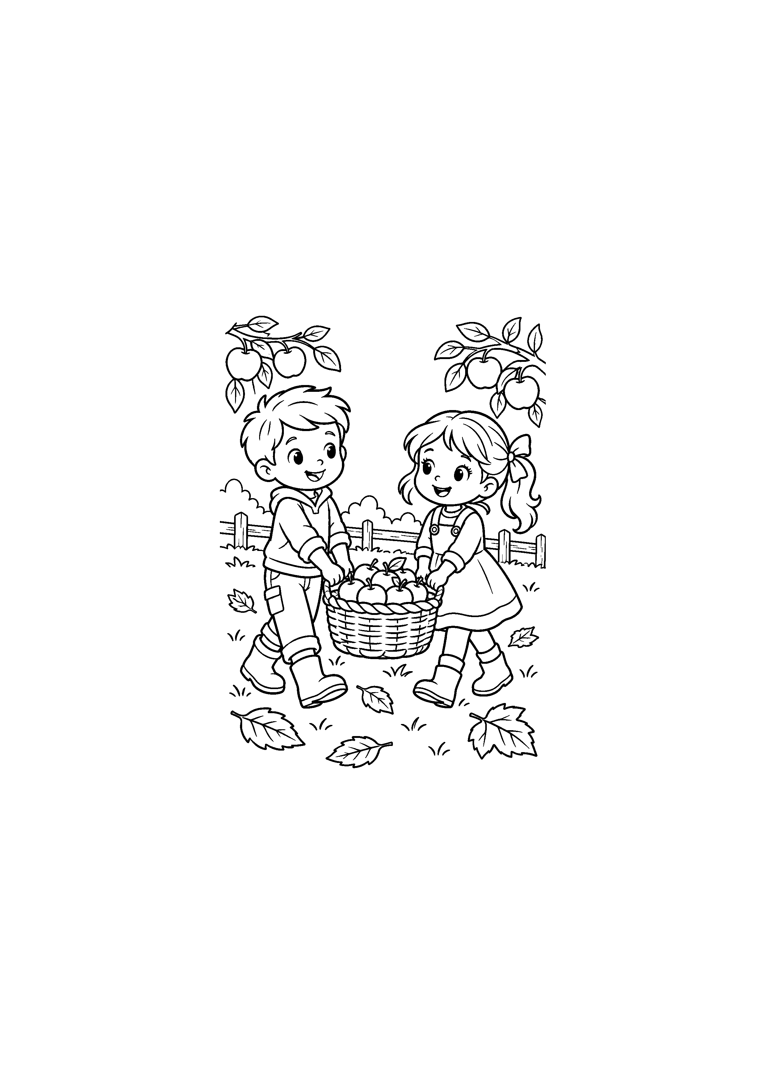 Coloriage deux enfants portant un panier de pommes à imprimer