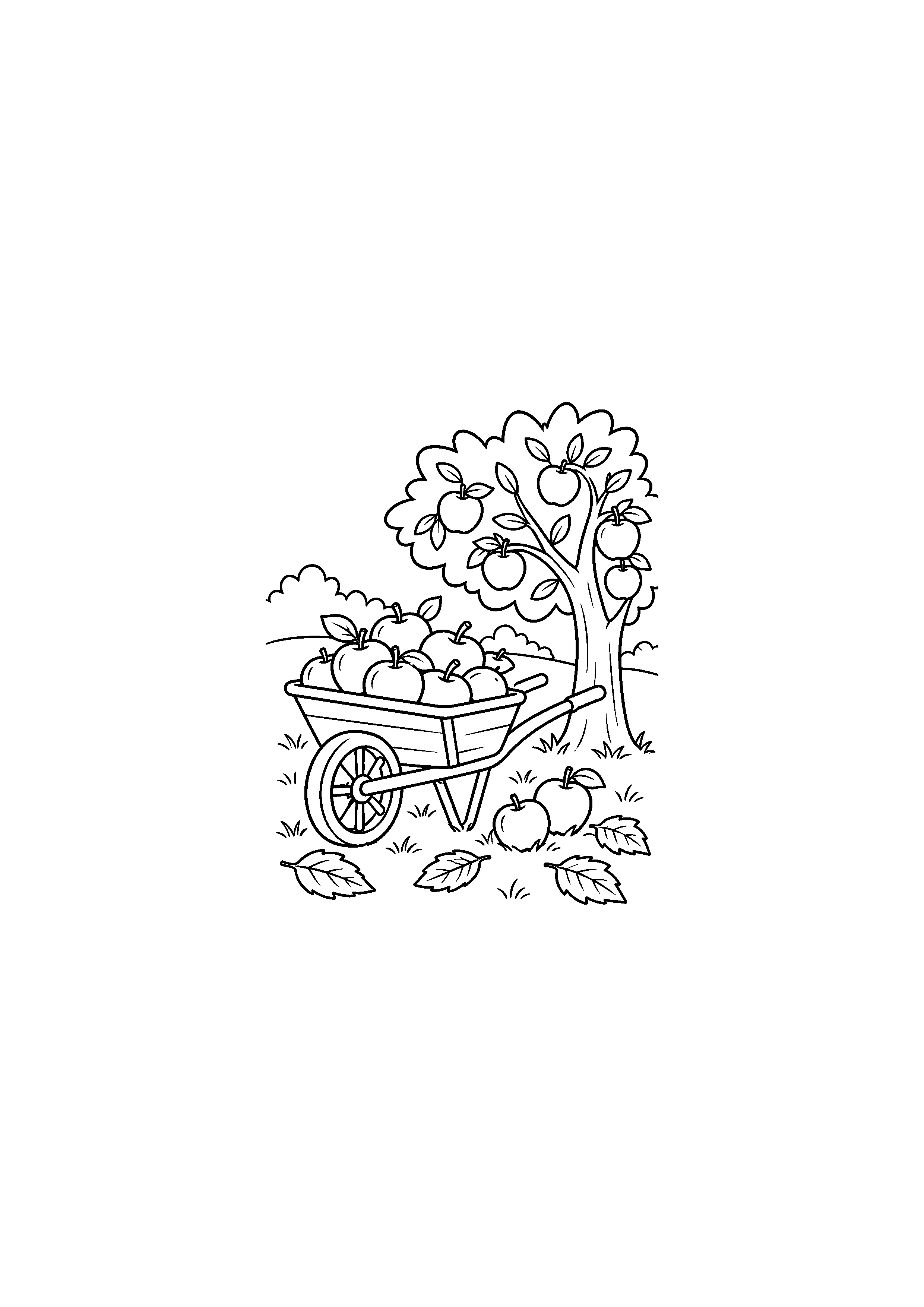 Coloriage brouette remplie de pommes près d'un pommier à imprimer
