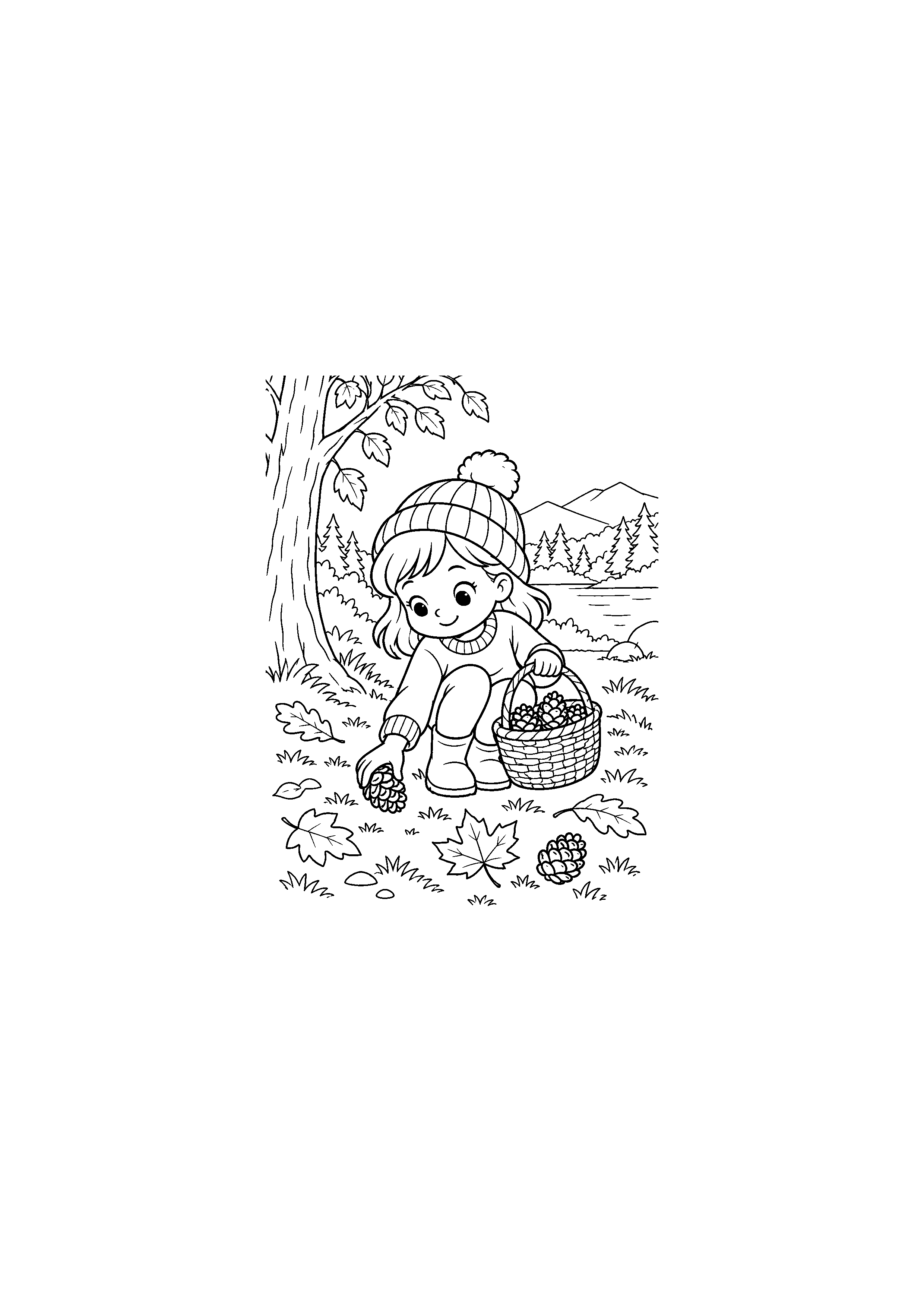 Enfant avec panier récoltant une pomme de pin