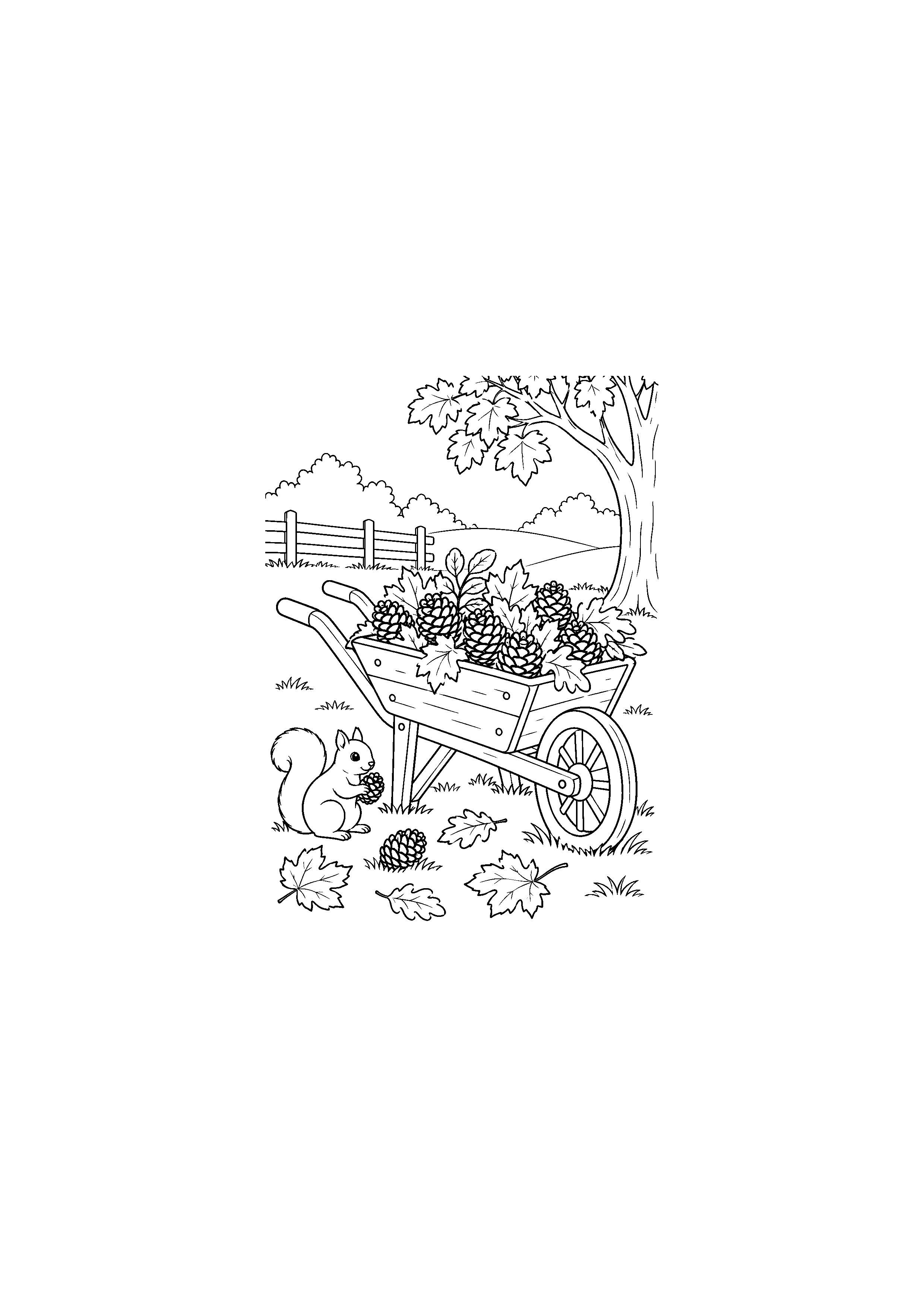Brouette chargée de pommes de pin et feuilles