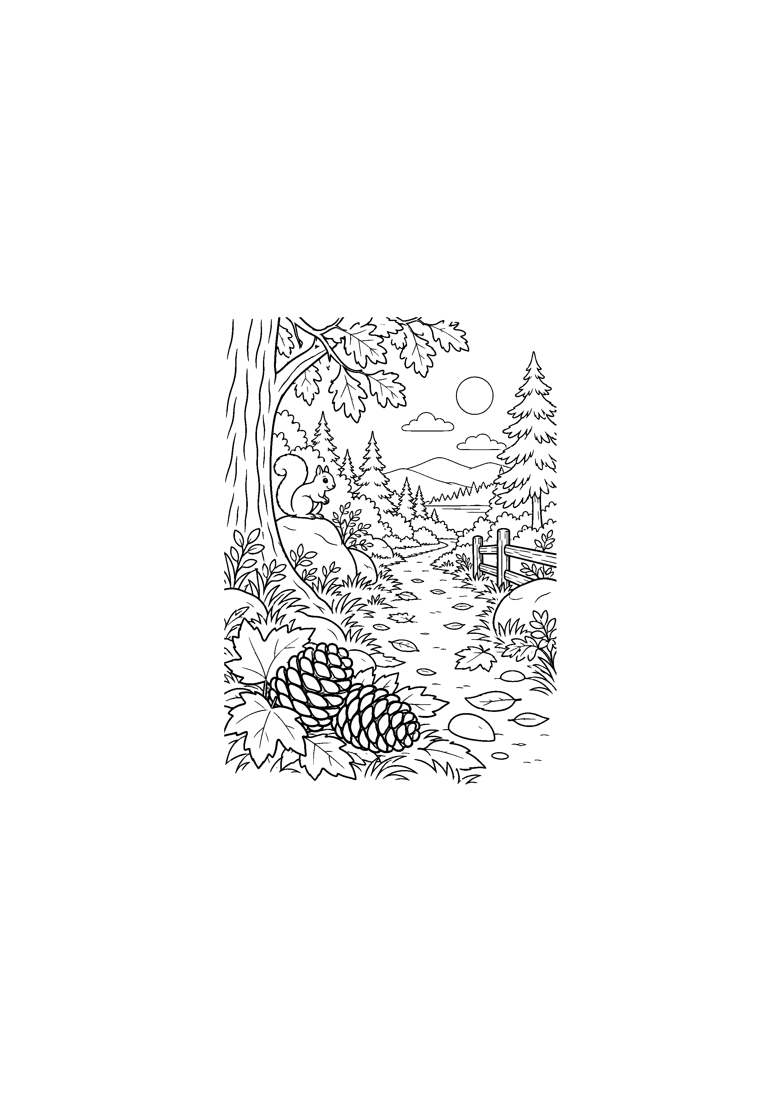 Sentier forestier et pommes de pin au premier plan