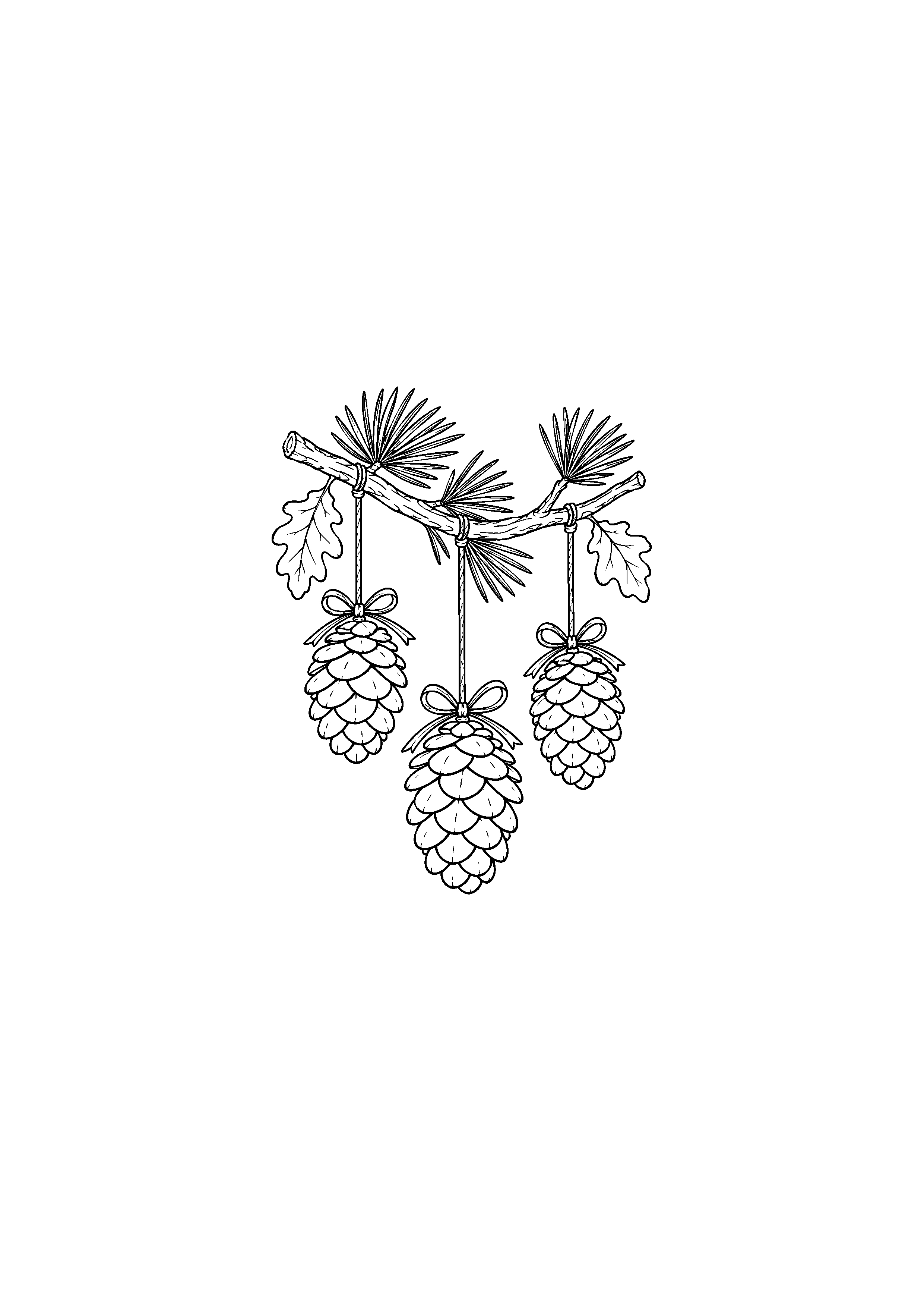 Trois pommes de pin suspendues à une branche