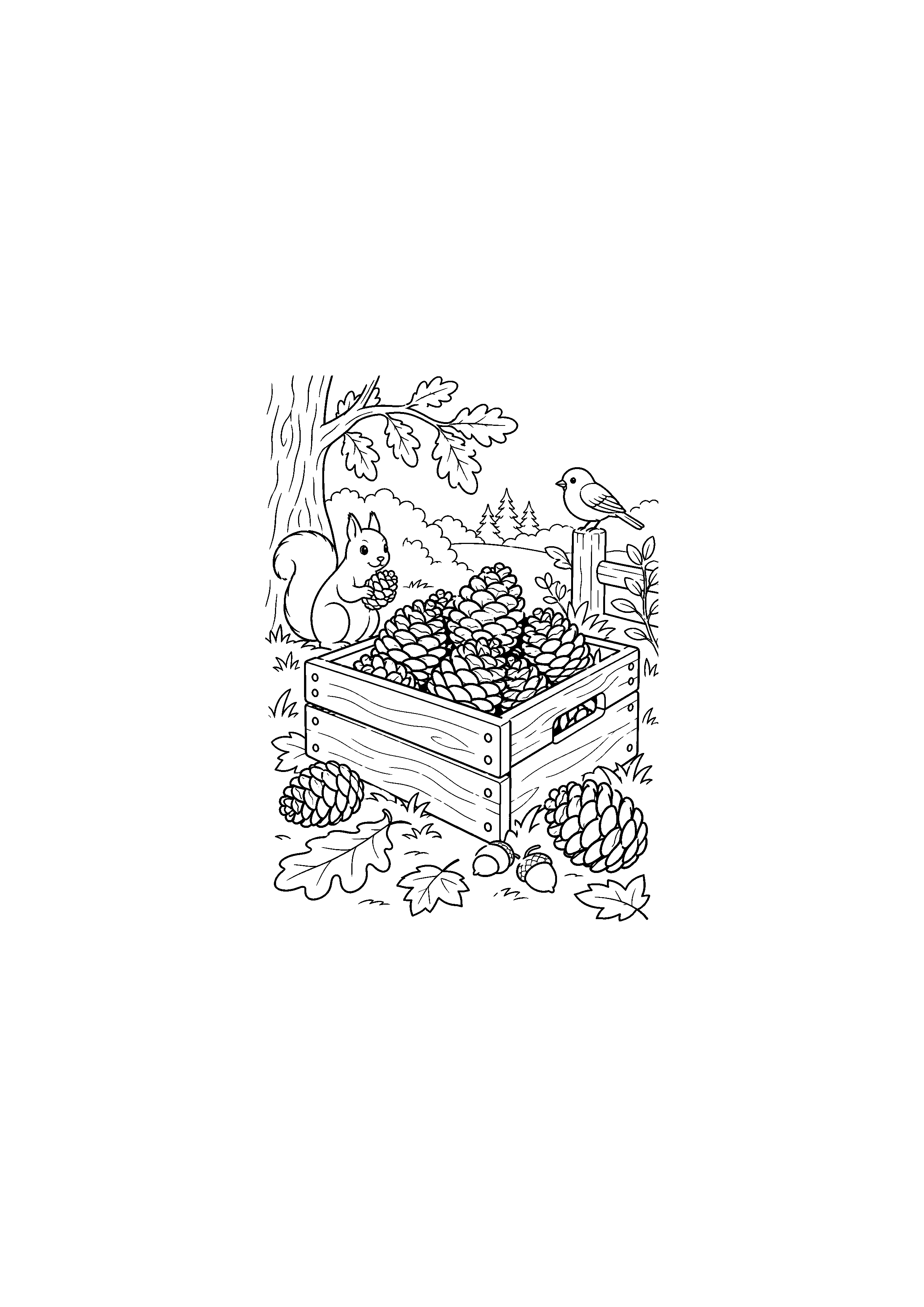 Caisse en bois remplie de pommes de pin