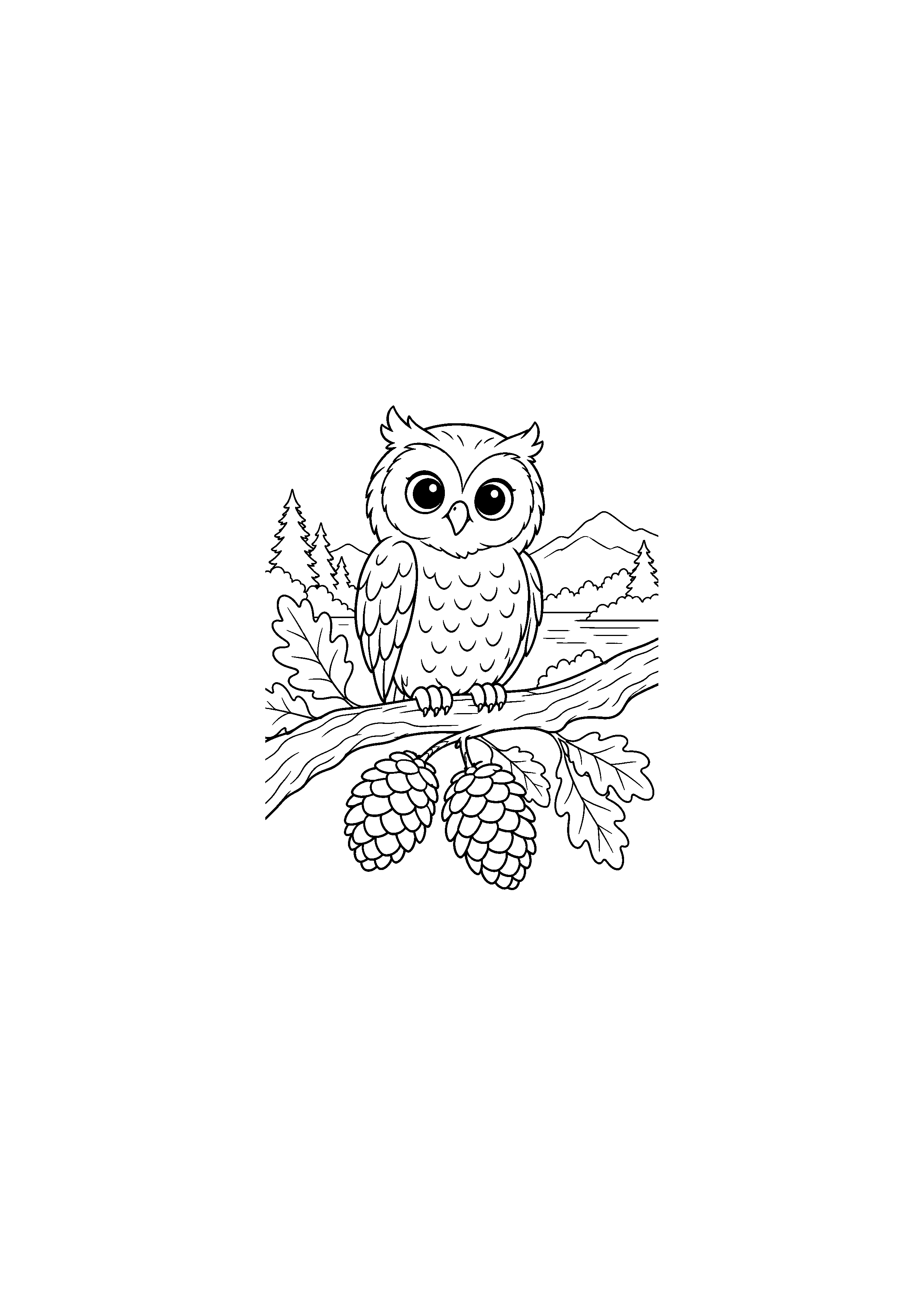 Hibou perché avec pommes de pin sous la branche