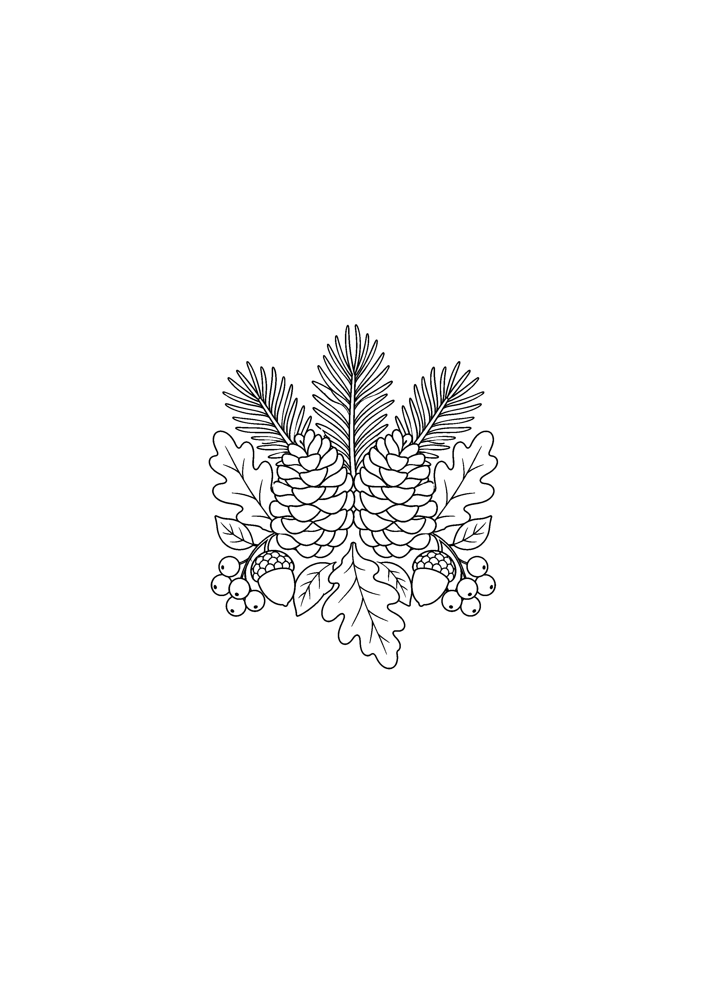 Pommes de pin feuilles et branches en composition symétrique
