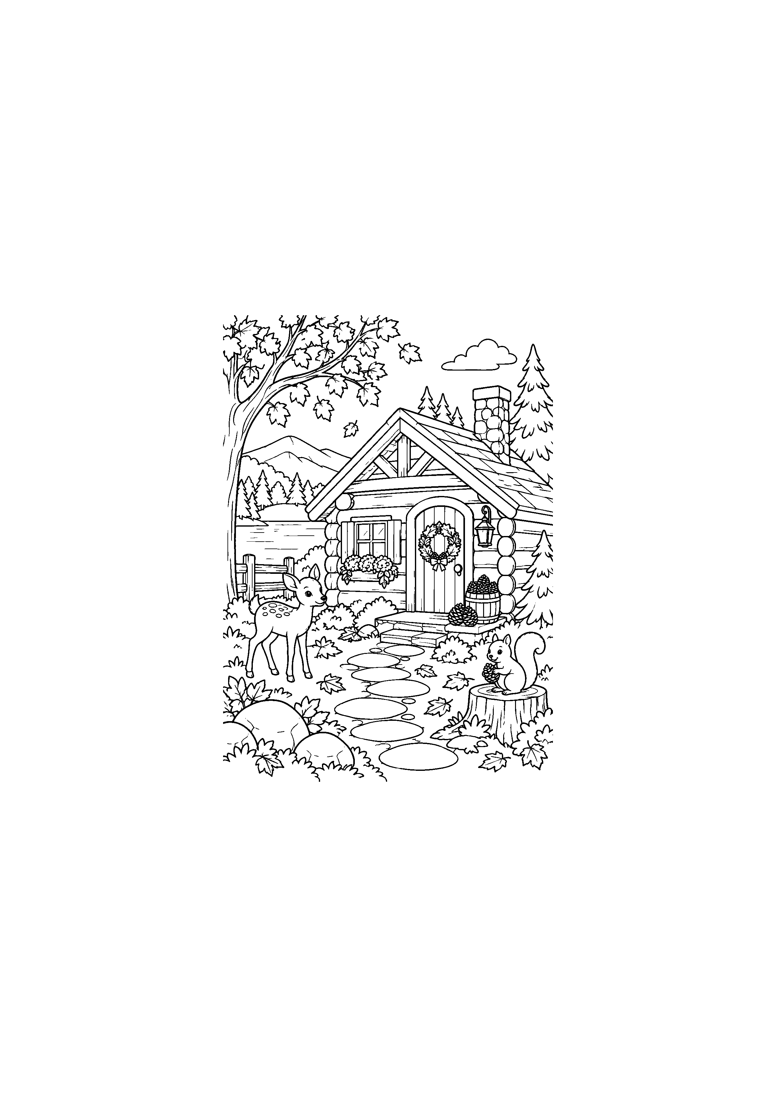 Cabane forestière avec pommes de pin près de la porte