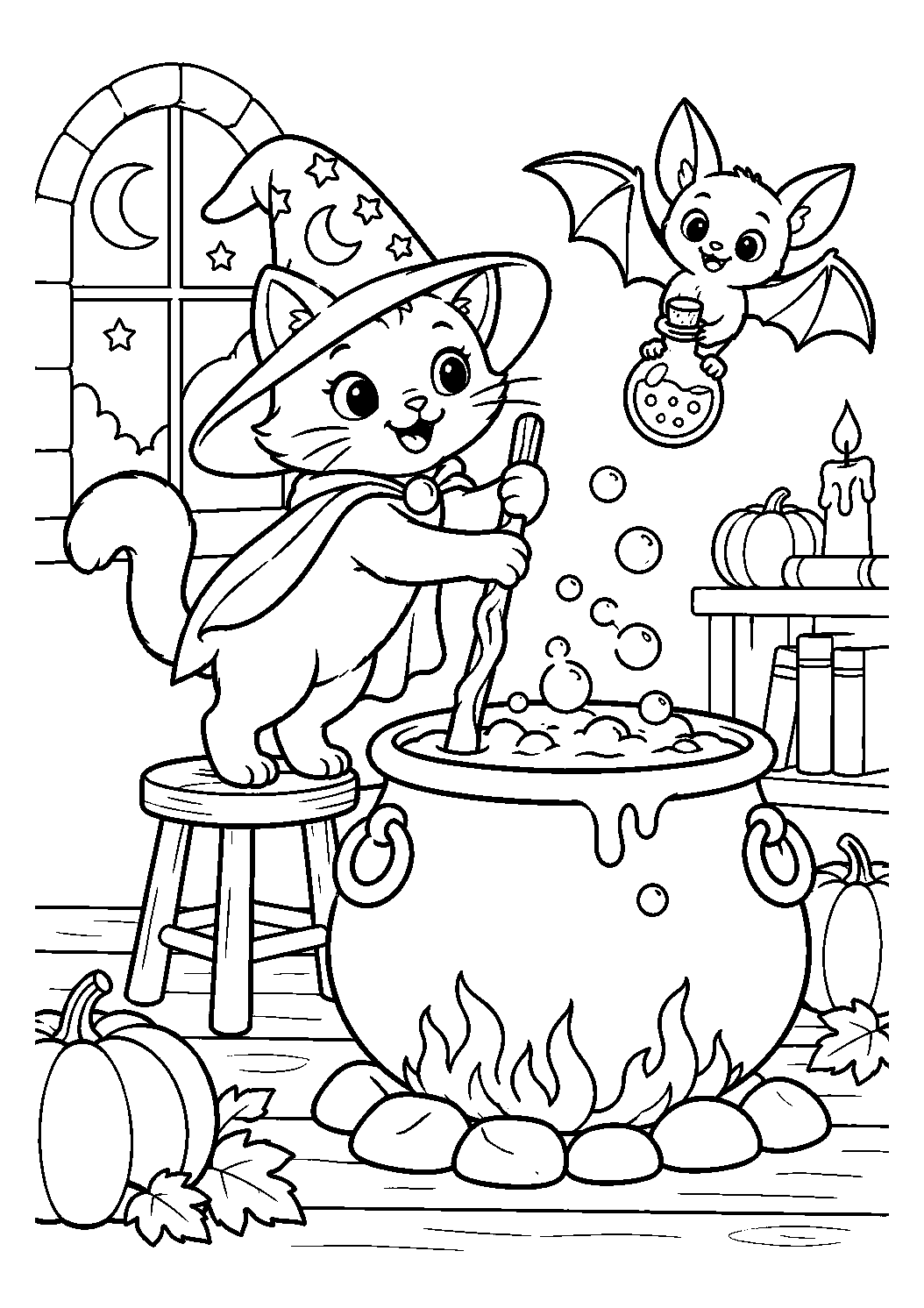 Chat sorcier remuant son chaudron à imprimer et colorier