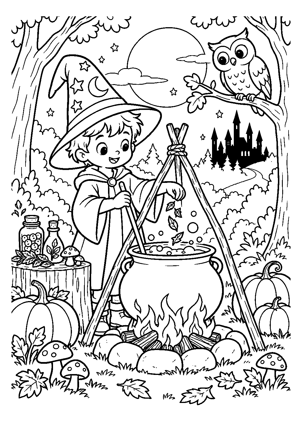 Potion magique au feu de camp à imprimer et colorier