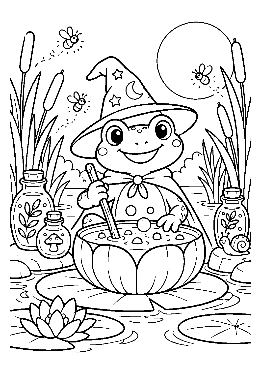 Grenouille magicienne et potion de l’étang à imprimer et colorier