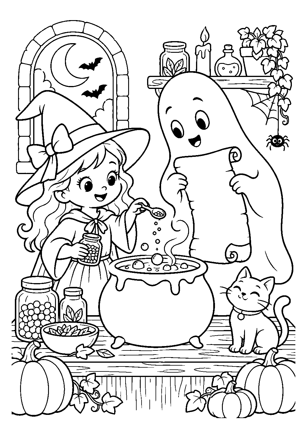 Recette de potion avec un gentil fantôme à imprimer et colorier