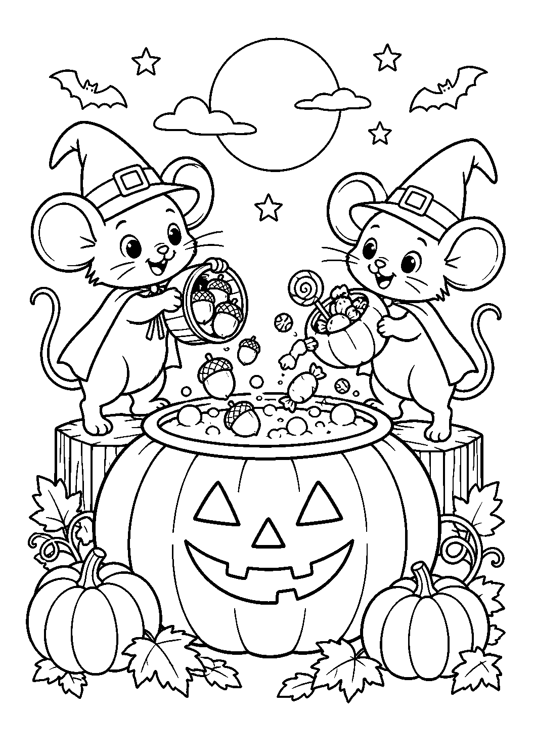 Chaudron citrouille des petites souris à imprimer et colorier
