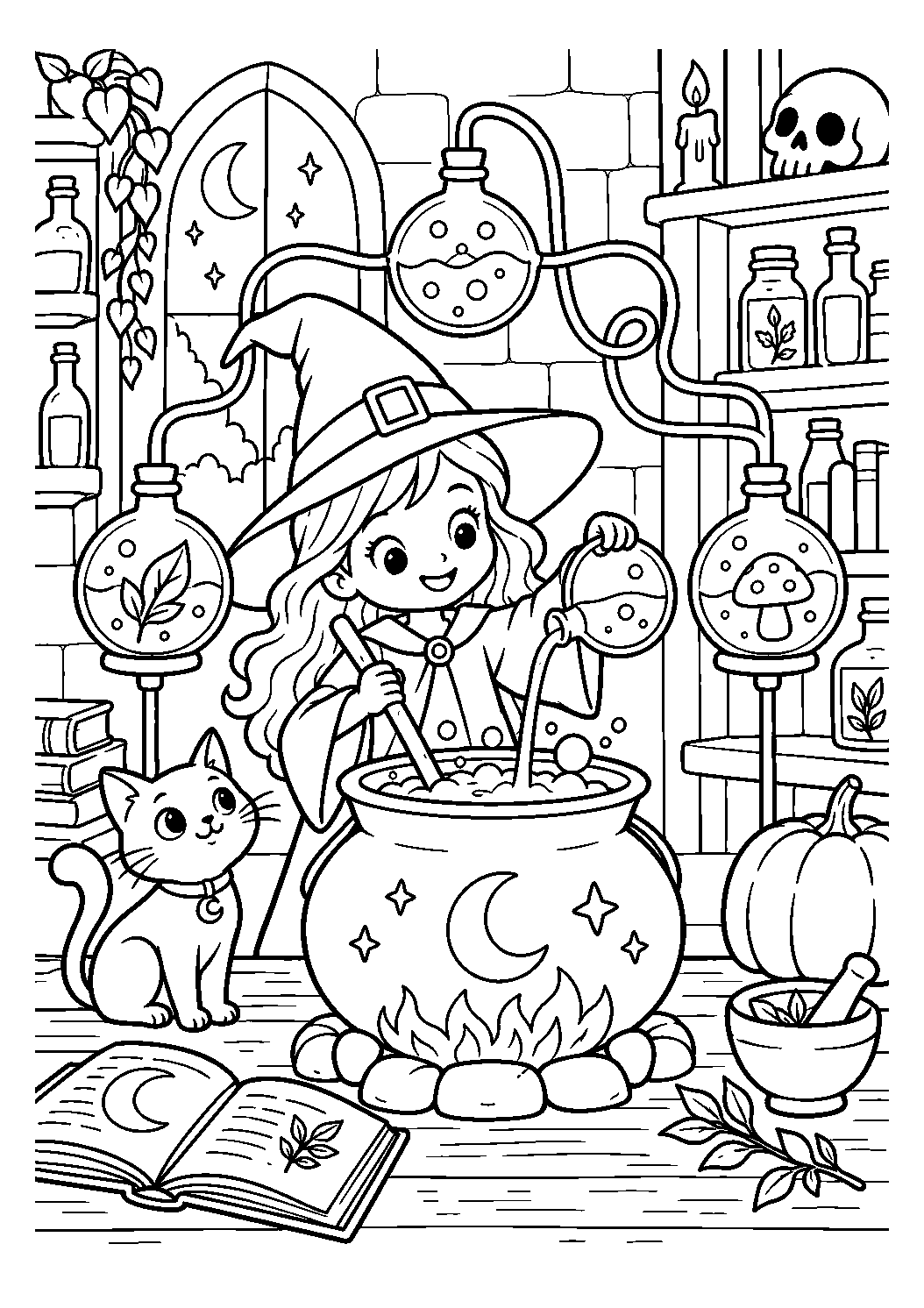Laboratoire de potions et alambics à imprimer et colorier